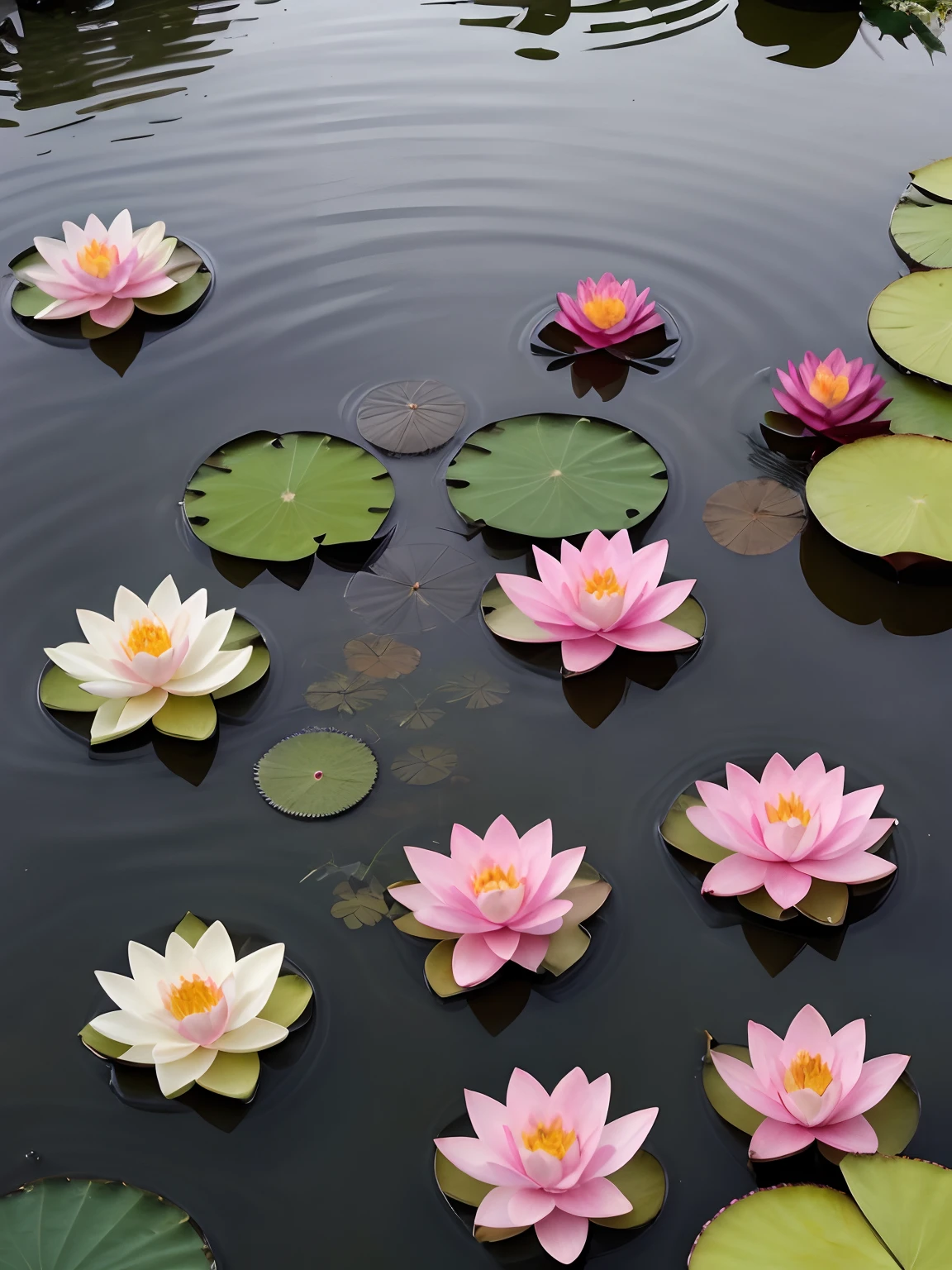 Realistic lotus flowers in the pool next to the temple, lotuses, lotuses, lotus flowers on the water, Lotus pond, lotus petals, water lilies, standing gracefully upon a lotus, water lily mat, serene colors, waterlily pond, with lotus flowers, water lily mat, details and vivid colors, Pink Lotus Queen, lillis, water lilies