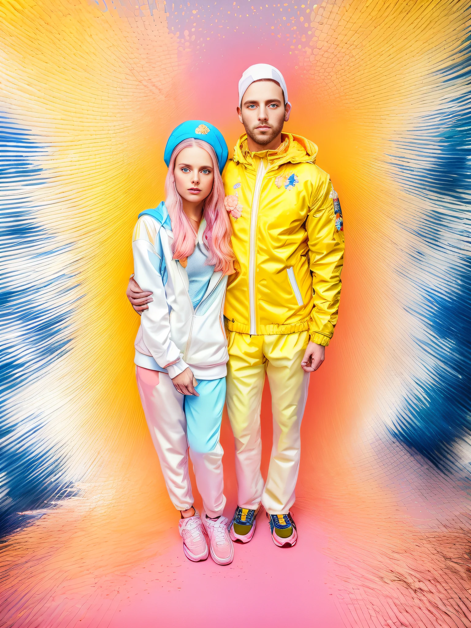 The guy in sneakers is wearing a yellow jacket and yellow pants, He wears a red headdress on his head, The girl is dressed in blue pants and a pink jacket and sneakers, (full-length portrait:1.3), analog, Nikon Z 85mm, award-winning glamour photograph, ((Best Quality)), ((Masterpiece)), ((Realistic)), Flower garden background, Petite, Highly detailed, sharp-focus, Spring flowers bloom, Stunning blue eyes, tender, Innocent, (pink tint: 0.5), (blue tint: 0.5), (White tint: 0.5), hight resolution, highly detailed facial features, high detail, Smooth, aesthetic, Extremely detailed, Photorealistic, Realistic, postprocessed, max detail, roughness, Real life, ultra realistis, photo realism, photografic, 8K UHD, Evening sunshine