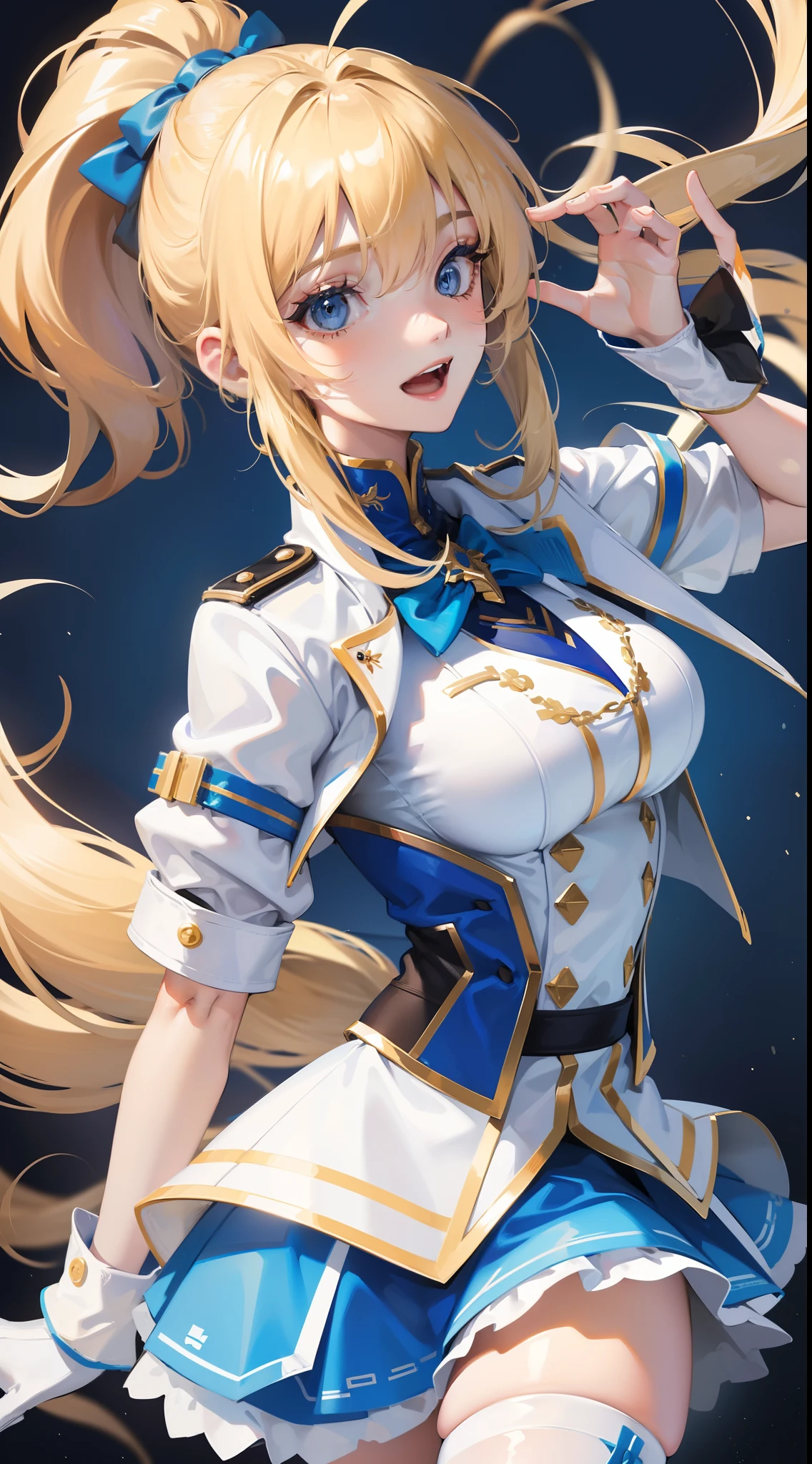 young girl, longue blonde hair, Two ponytails, blue eyes, White jacket, short sleeves, blue tight top, Blue skirt, pantyhouse, Smile, open mouth, Masterpiece, hiquality, 4k, HD, Good detail