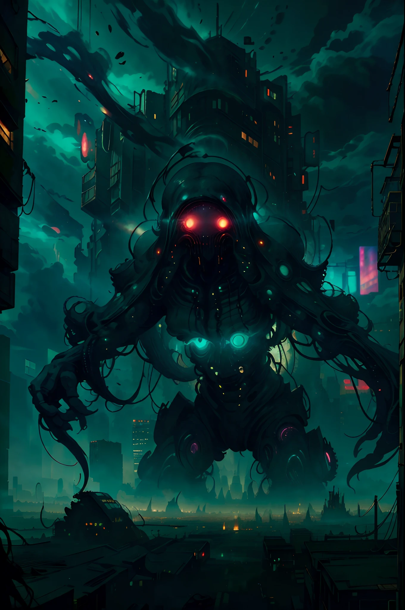 Very scary Lovecraftian creature appears in dystopian city, neon lights are the only lighting, people panic and city turns into total chaos. Very scary image of cosmic horror, horror, scary...