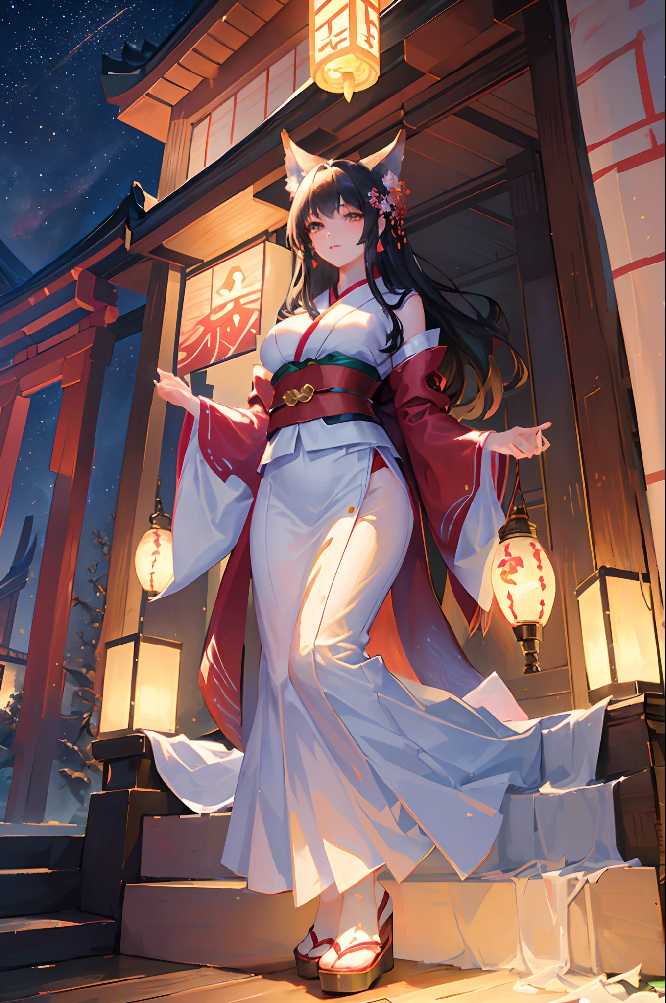 (Best quality:1.2, ultra-detailed, photorealistic:1.3), colorful, brightly lit night scene, enchanting atmosphere. Beautifully detailed nine-tailed kitsune woman, with captivating emerald eyes, rosy cheeks, and silky long black hair flowing in the breeze. She has a slim and graceful figure, with a slender waist and long legs. Her petite frame is adorned with revealing traditional Japanese clothing, showcasing her alluring curves and assets. The kitsune woman stands in front of a majestic Japanese temple, illuminated by the soft glow of lanterns. The temple is decorated with intricate carvings and vibrant cherry blossoms, symbolizing beauty and renewal. The night sky is filled with sparkling stars, creating a magical backdrop. The kitsune woman's elegant posture exudes confidence and elegance, as she holds a mystical fox mask, adding an element of mystery to the scene. The ambience is filled with tranquility and a sense of wonder, inviting viewers to immerse themselves in the enchanting world of the nine-tailed kitsune.