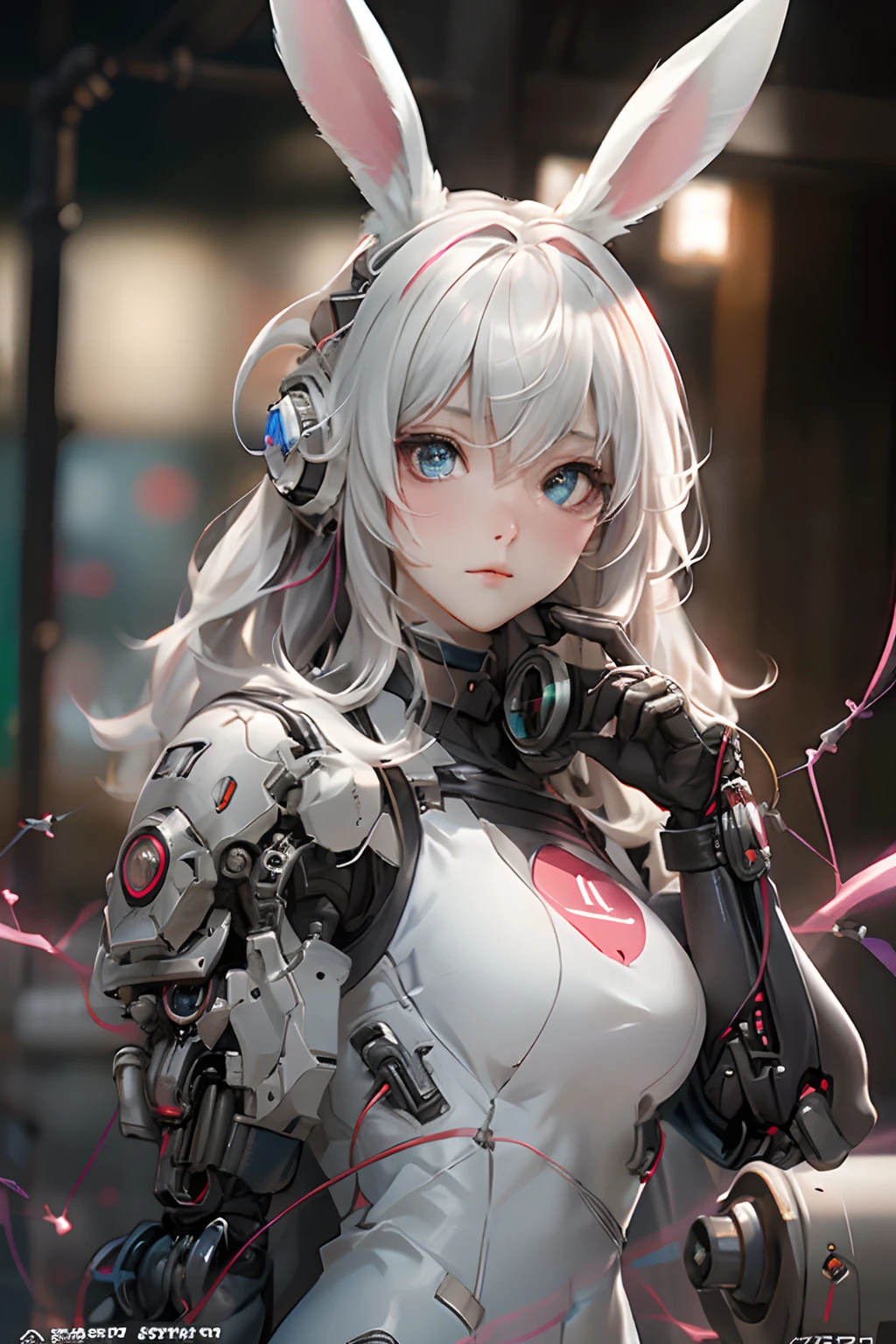 ((beste-Qualit)),Fille cyborg dans le style cyborg,cheveux gris,Coiffure longue queue de cheval,Wear headphones in the shape of rabbit ears and a gas mask,The gas mask has a green light on the surface,dressed in a white suit,There are long strips of pink light on clothes,yeux roses,(Gant noir)gros seins, generous breast, The left hand is a mechanical prosthesis,The main body is connected by wires and pipes, ((tmasterpiece)), (The detail:1.4), 3d, A beautiful cyberpunk female image,Hdr(HighDynamicRange),Ray Tracing,NVIDIA RTX,Super-Resolution,Unreal 5,Diffusion souterraine、PBR Texture、Post-traitement、Anisotropy filtering、profondeur de champs、Maximum definition and sharpness、Textures multicanaux、Albedo e mapas Speculares、Coloration de surface、precise simulation of light-material interactions、Proportions parfaites、Rendu octane、two-color light、Grande ouverture、ISO faible、Balance des blancs、the rule of thirds、8K RAW、