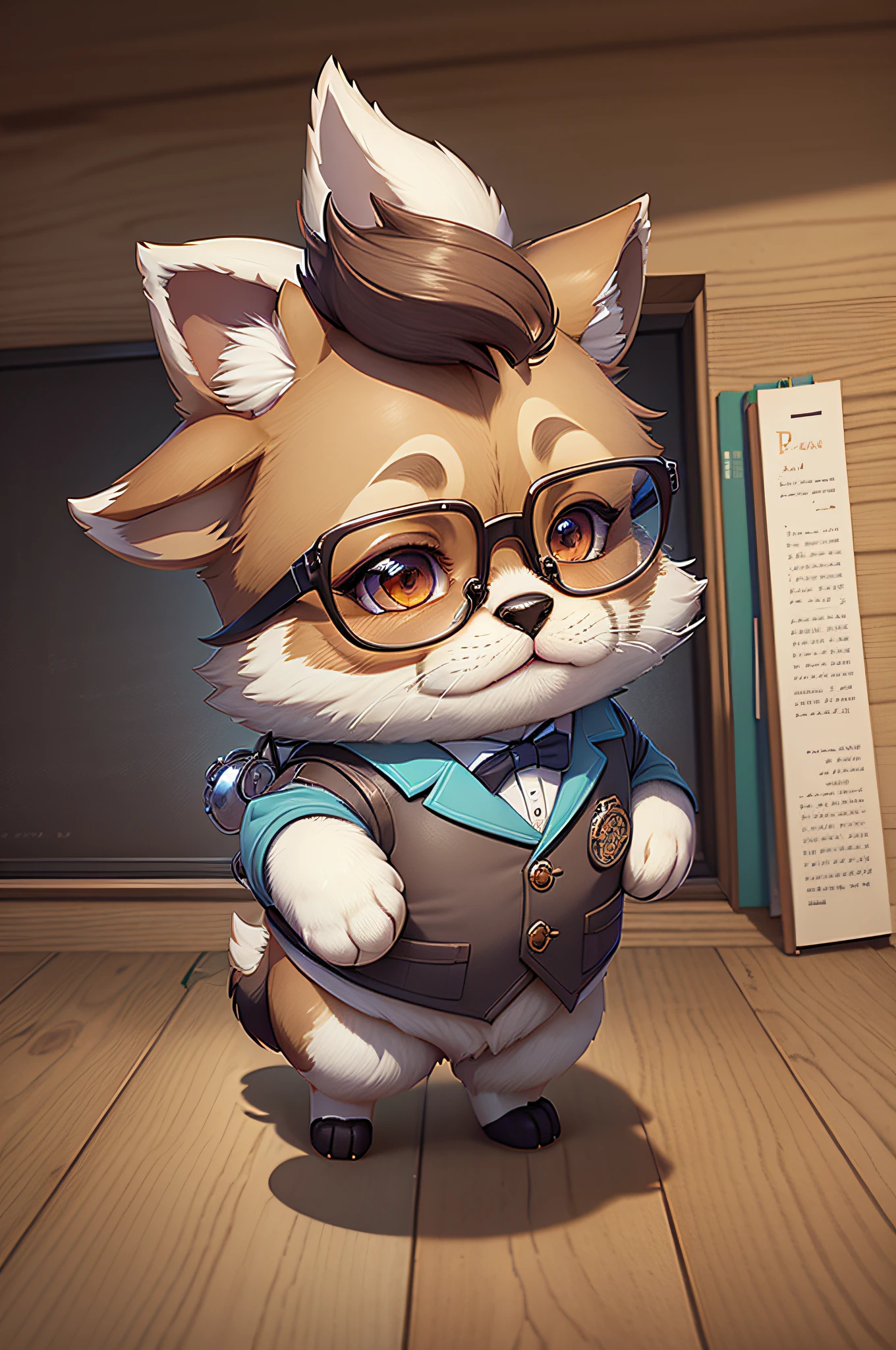 C4tt4stic, Professor cartoon shepherd dog teaching at the pulpit(Wearing glasses、The specifics of the appearance of the shepherd dog)、The background is the classroom