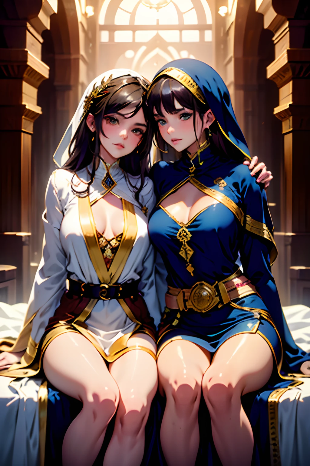 Mavtan Moroccan Islamic surreal super detail,model shoot,two girls sitting together,duo,Dynamic pose,leering,(Dream belt,Dream robes,Fantastic ribbons),Hug and touch each other,Biting a friend's earlobe, Hug each other from behind, Touch your friend's chest from below,