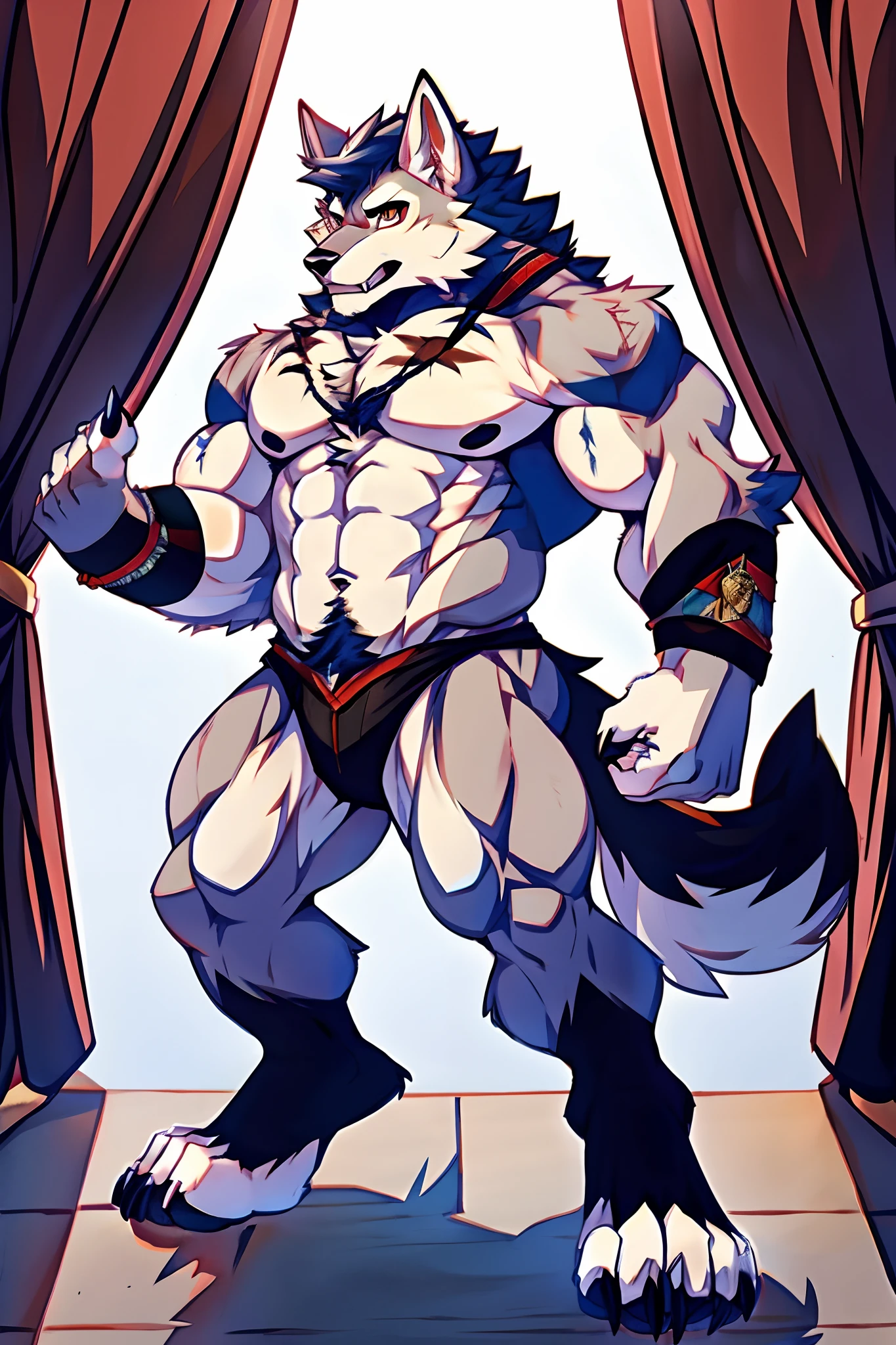 Human-wolf,musculature,Hairy all over,clawed paws,erect through