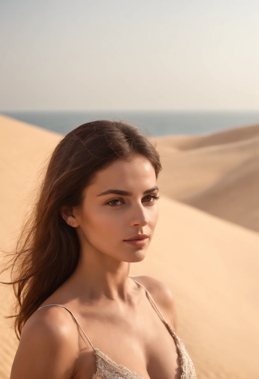 Fille reel belle brune israelienne cheveux raide court sexy pose sur les dunes de sable