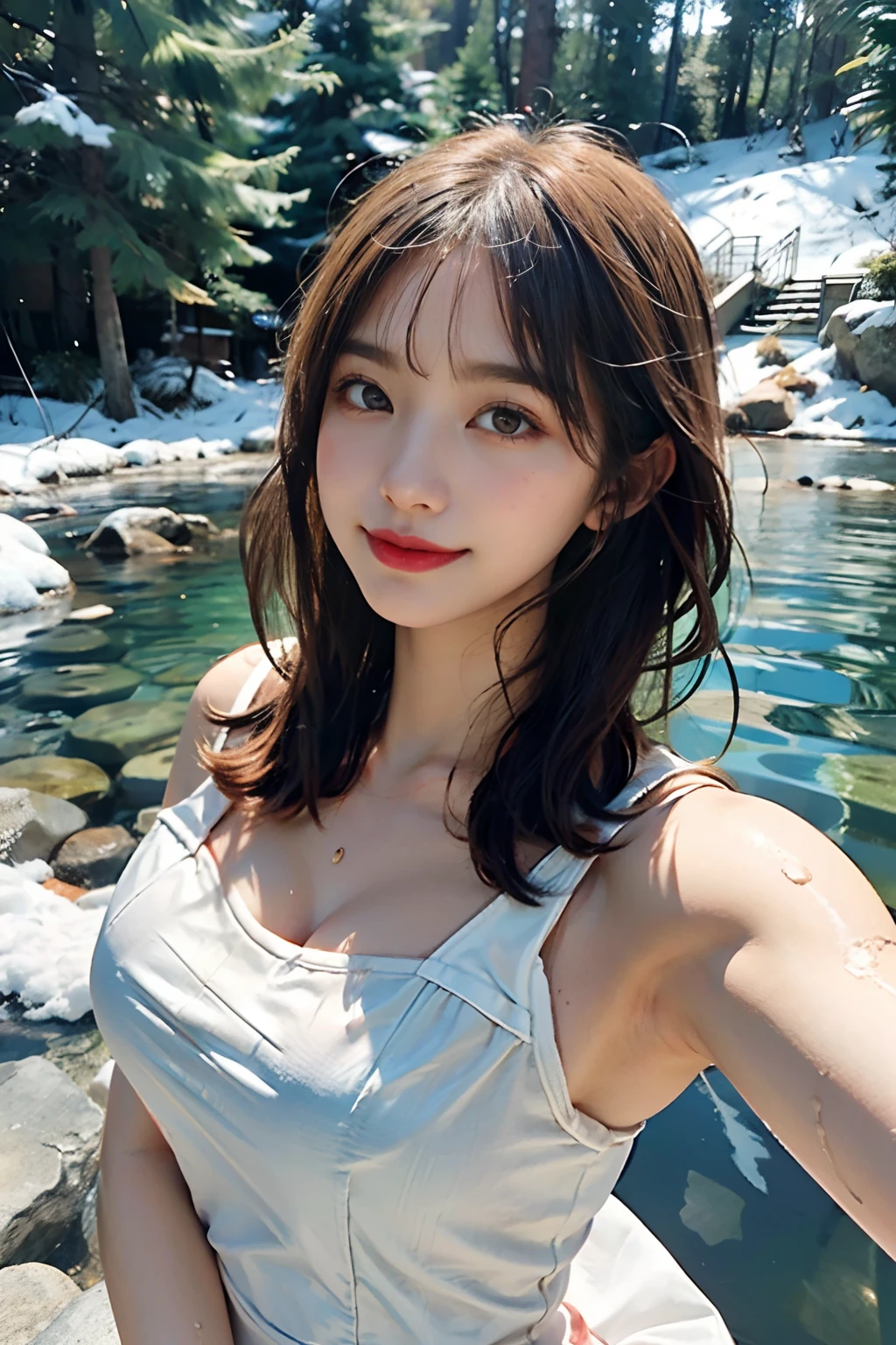 Japan Solo Idol,Pretty girl,A smile that makes the viewer happy,Light brown and orange two-tone shorthair,Floating hair,Unkempt hair,Red cheeks,red lipsticks,(Sunlight,In the deep mountains,Rock,Snowmelt,Crystal clear water,Beautiful clear stream,)Bend over to play in the water.snow-white summer dress with big swaying breasts,(The whole body is soaking wet,Soaking wet costumes ,wetting hair,Wet face,a wet body,Wet and glowing skin,), (masutepiece,top-quality,Ultra-high resolution output image,)