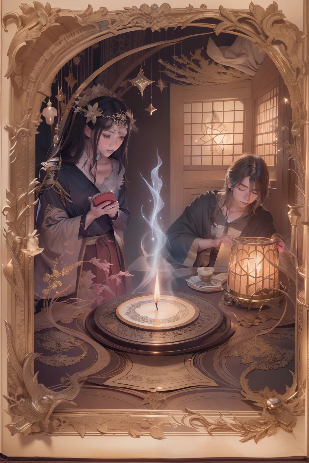A book with candles in it, There is a shining star in the middle. The candles exude a mysterious aura, flashing lights, Illuminate the pages of the book. The setting is set in a comfortable room, Create an atmosphere of domestic witchcraft. The book contains various mantras, Special attention is paid to sacred fire spells and incantations. The pages are equipped with intricate drawings of magic symbols and fascinating illustrations，Perfectly illustrate. The book's aesthetic embodies the breath of mystical alchemy and dark magic. The protagonist holds a book in his hand，Cast a protective spell with full attention. The scene is reminiscent of an illustration from a fantasy book, evoking a sense of wonder and enchantment