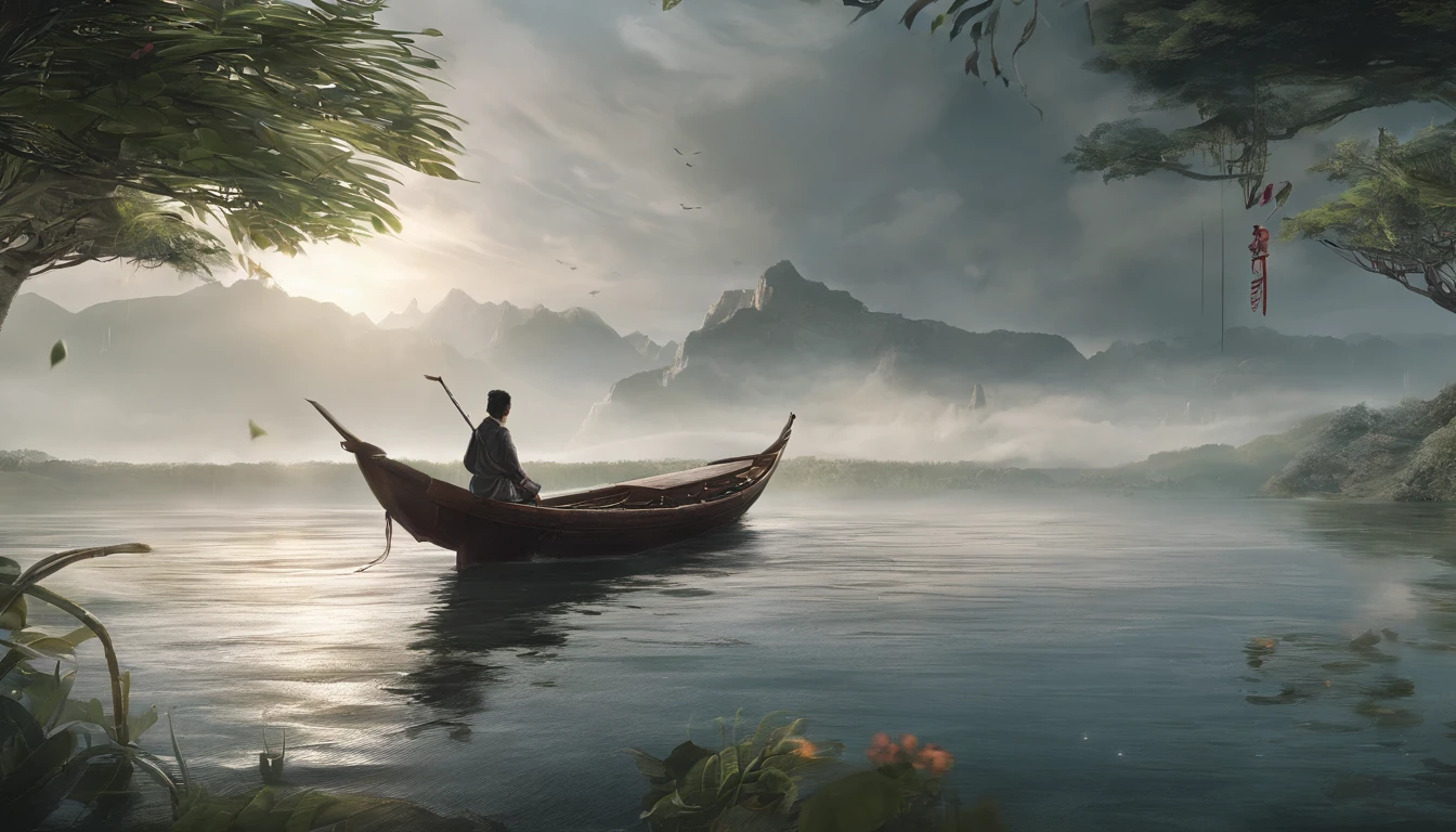 Draw with a small poem below:
The boat was entangled in water mist,
The mind is like a river churning,
A paper umbrella stretched open,
How to cover this stormy weather,
The years are in a hurry,
Time flies like a dream,
Can't keep the fading summer sun,
And with wet sadness,
Rain Alley deep,
Thoughts wandering,
How many thoughts linger in the heart,
With a little grudge、disconsolate,
The light boat has crossed the Ten Thousand Heavy Mountains,
The years are like songs,
Tenderness that turns a thousand times,
Still wandering in my heart。
Works of masters,Chinese style,Beautiful picture quality,concept-art,abstracted。Perfectcomposition,8K分辨率,higher details,Higher quality,Perfectcomposition,Cinematic lighting