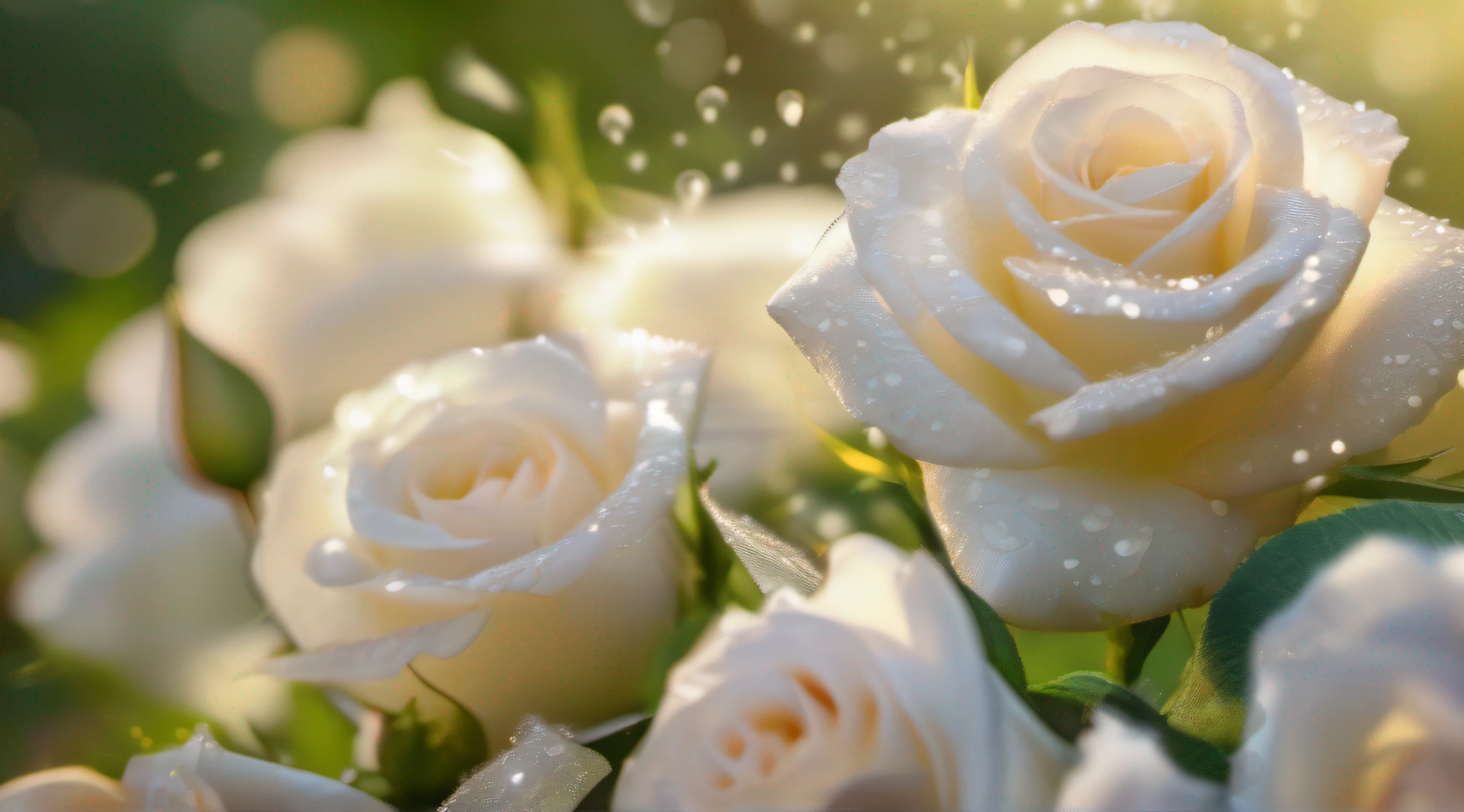 Many white rose flowers in the garden and sunlight with bokeh, dew drops on flower petals (masterpiece, ultra quality, high resolution, 8k, intricate: 1.2), (masterpiece), (best quality:1)