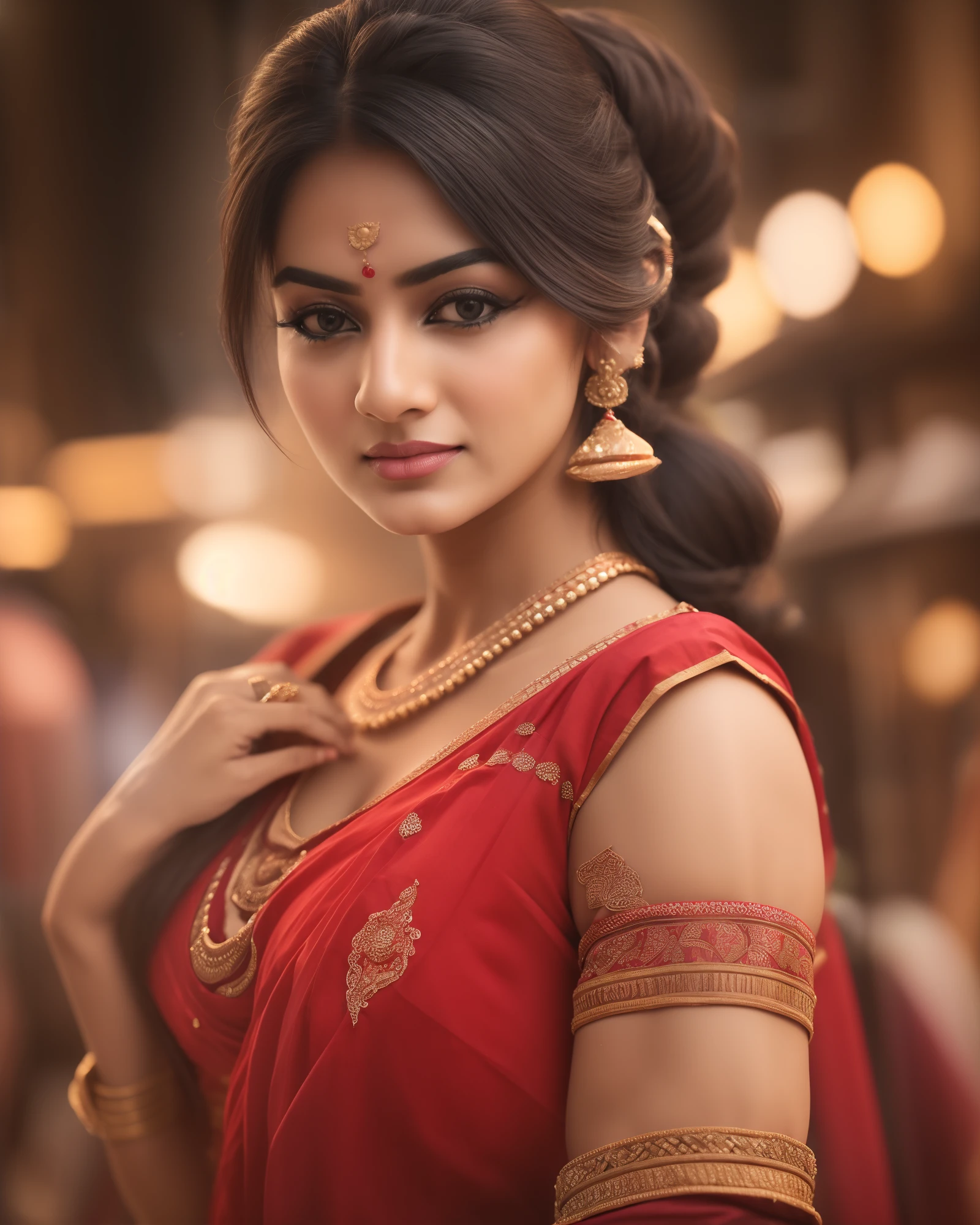 (Frontview:1.5),(longshot:1.5),24-28 Years Old bollywood indian female fashion mode,bob hair style,brown skin,dressed Sari,Happy expression on face,at the night market,backlight, extremely realistic, 8k, insane details, intricate details, cinematic color graded,Color Grading, Editorial Photography, Photography,sharp focus, taken with a 60mm lens, ISO 300, f/4, 1/200th