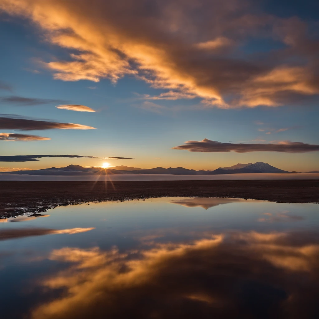Large body of water with clouds in the sky, At Salar de Uyuni, Amazing reflections of the sky, Incredible reflections, beautiful reflection, stunning photo, epic and stunning, Crossing the horizon、milkyway:1.9