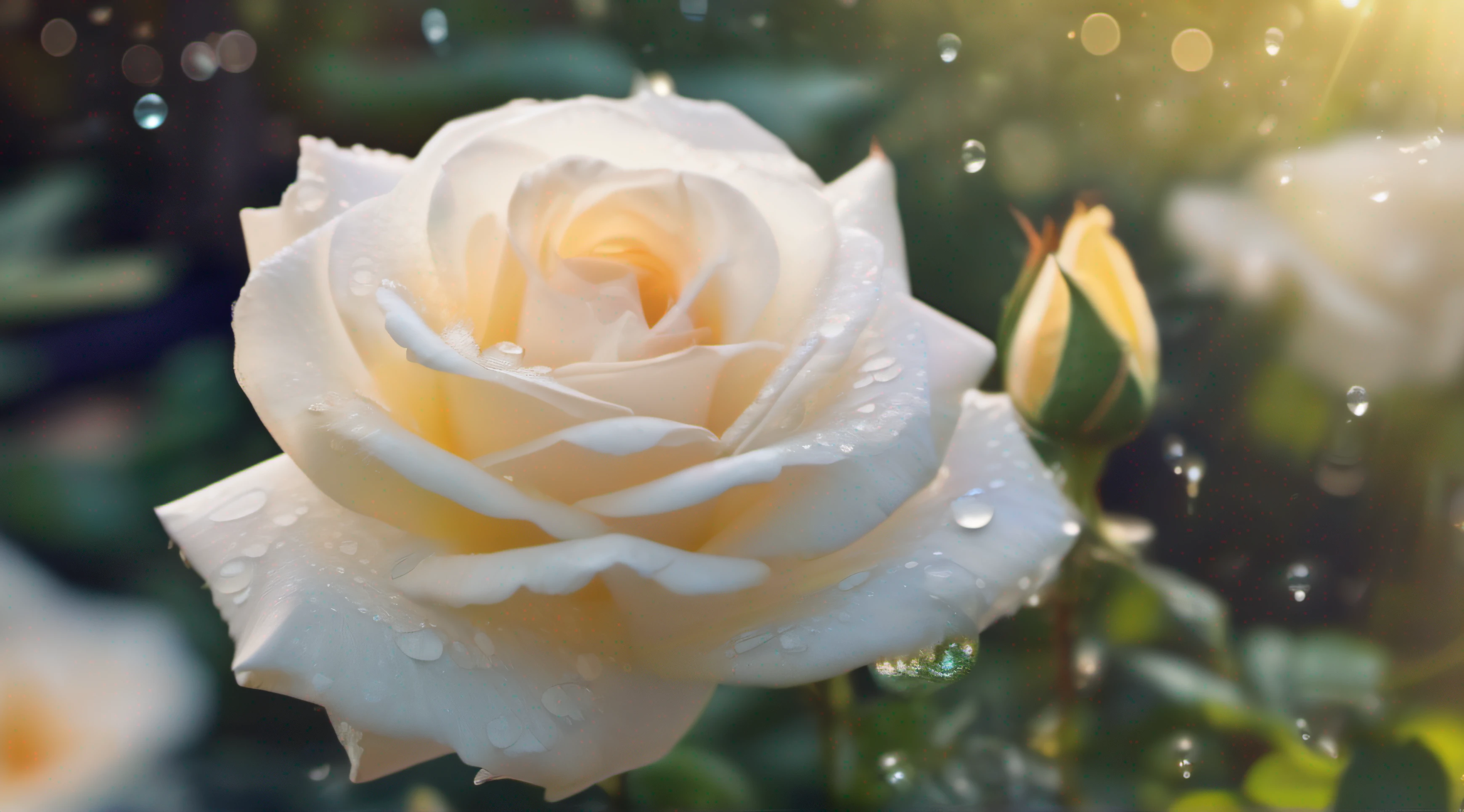 Many white rose flowers in the garden and sunlight with bokeh, dew drops on flower petals (masterpiece, ultra quality, high resolution, 8k, intricate: 1.2), (masterpiece), (best quality:1)
