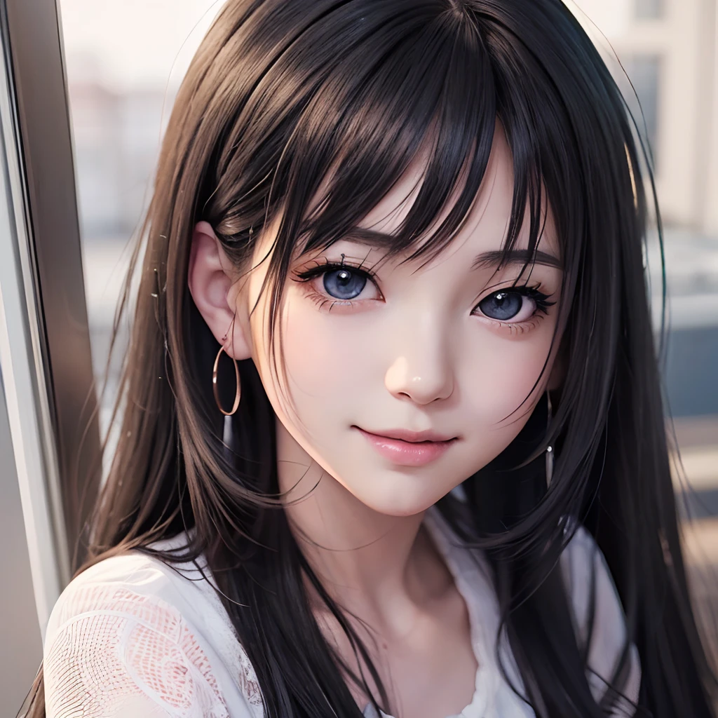 Anime girl with long black hair and black eyes,Smooth Anime CG Art,realistic anime 3 d style,Realistic anime art style,Detailed Digital Anime Art,digital anime illustration,Realistic anime art style,kawaii realistic portrait,detailed portrait of an anime girl,a beautiful anime portrait,Photorealistic anime girl rendering,realistic young anime girl, Portrait Anime Girl Smile by Window