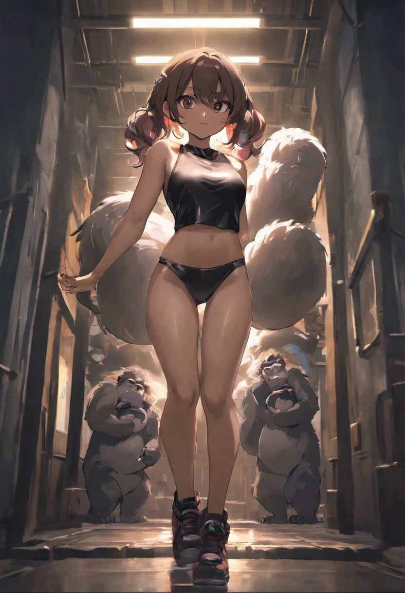Gorilla Girl、Bright lighting、Beautiful illustration、
(8K, Raw photography, top-quality, masterpiece:1.2), (realisitic, Photorealsitic:1.37), ultra-detailliert, 1 rapariga, 独奏, cute little, Beautiful fece、(((Tank tops)))、(((leather pant)))