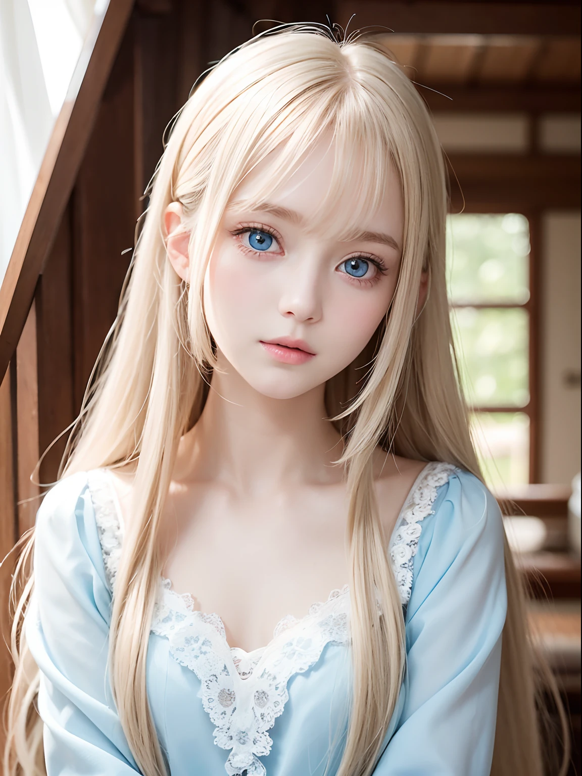 Extremely beautiful face、long bangs fluttering in front of the face、Beautiful pale light blue eyes hidden in the hair、Very cute beautiful face with very shiny skin、Pure white beautiful skin、very beautiful pale light blue eyes,、Beautiful very long straight silky pale golden shiny blonde hair、Cute very beautiful woman、Round face、Young face