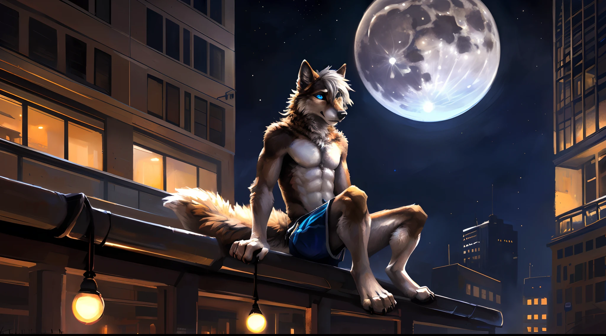 ((Solo)), male people, anthro wolf, (Multi-colored fur, White-brown:1.3), ((Wolf face, White hair, Big eyes, White eyelids, Blue pupil, Slim:1.2) (Tough, Calm expression:1.2)), Abs, Slim, pinging)), (Correct anatomy), (Work shorts:1.1), (Contour bone:1.2), The upper body is naked, (detailed outfits),A big tail，Feet，Longer legs，(Realistic fur, Detailed fur texture, labeled:1.3)), (Natural lighting), Photorealistic, Hyperrealistic, ultradetailed, by Kenket，In the modern city，the roof，the night，Sit alone，Look at the full moon，It was dark，Starry