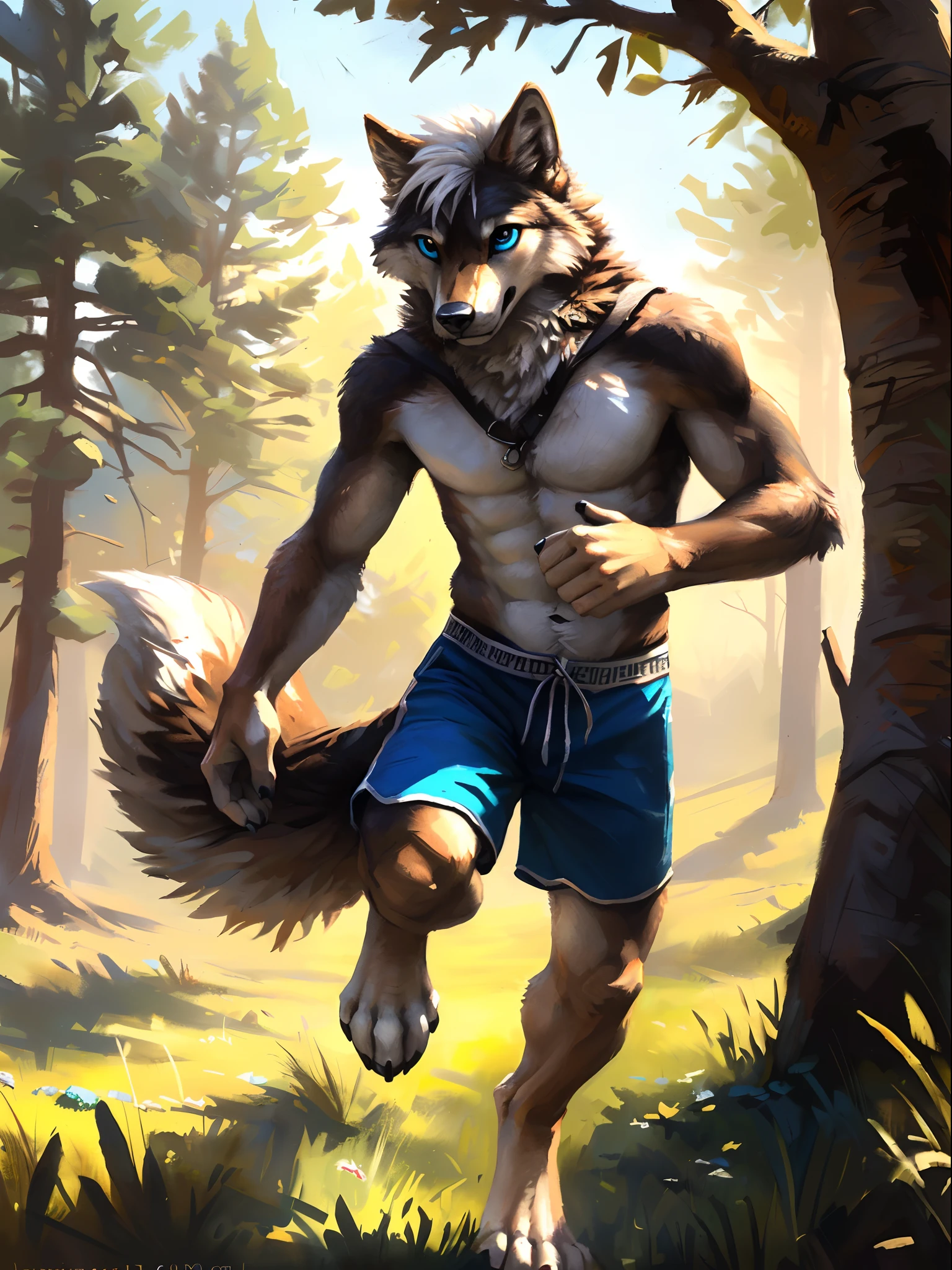 ((Solo)), male people, anthro wolf, (Multi-colored fur, White-brown:1.3), ((Wolf face, White hair, Big eyes, White eyelids, Blue pupil, Slim:1.2) (Tough, Calm expression:1.2)), Abs, Slim, pinging)), (Correct anatomy), (Work shorts:1.1), (Contour bone:1.2), The upper body is naked, (detailed outfits),A big tail，Feet，(Realistic fur, Detailed fur texture, labeled:1.3)), (Natural lighting), Photorealistic, Hyperrealistic, ultradetailed, by Kenket，Endless grasslands，No artifacts，erect through，Running on