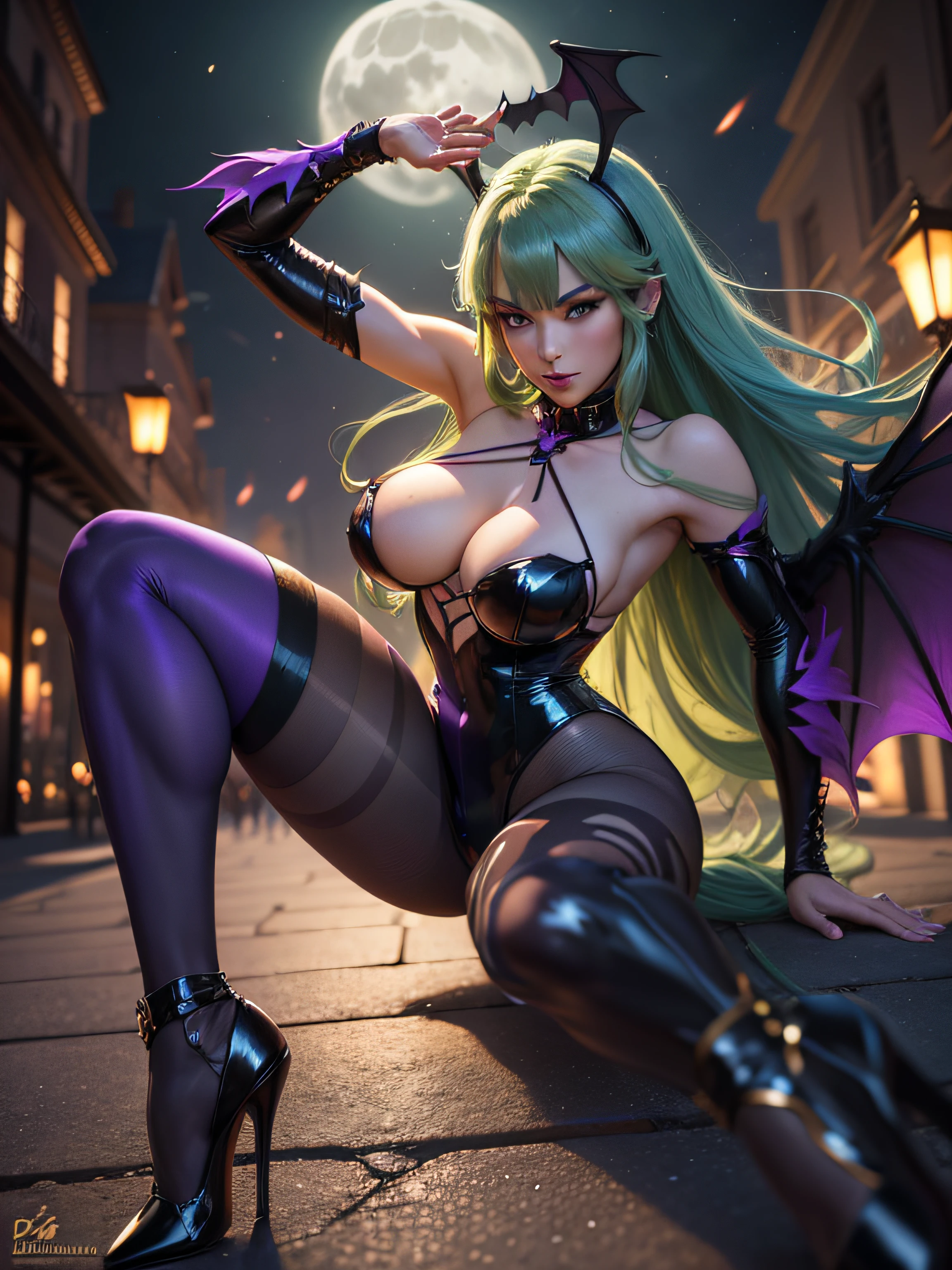 Arti modern anime. angled view, heroic pose, closeup full body portrait of stunningly beautiful Morrigan Aensland from Darkstalkers she has ((long green hair with fringe)), has bat wings, ((black short bodysuit)) ((purple tights)), dynamic pose, full body, stunning body, in a dark haunted castle, full moon in the background, coy flirty sexy expression, slim body, highly ornamented and detailed, dark purple pantyhose, depth of field blur effect, night, full zoom, action portrait, photorealistic. cinematic lighting, highly detailed. best quality, 4k, Better hand, perfect anatomy, leaning forward, foreshortening effects, coy flirty sexy expression, high heels, fighting pose, foreshortening effect, face closeup
