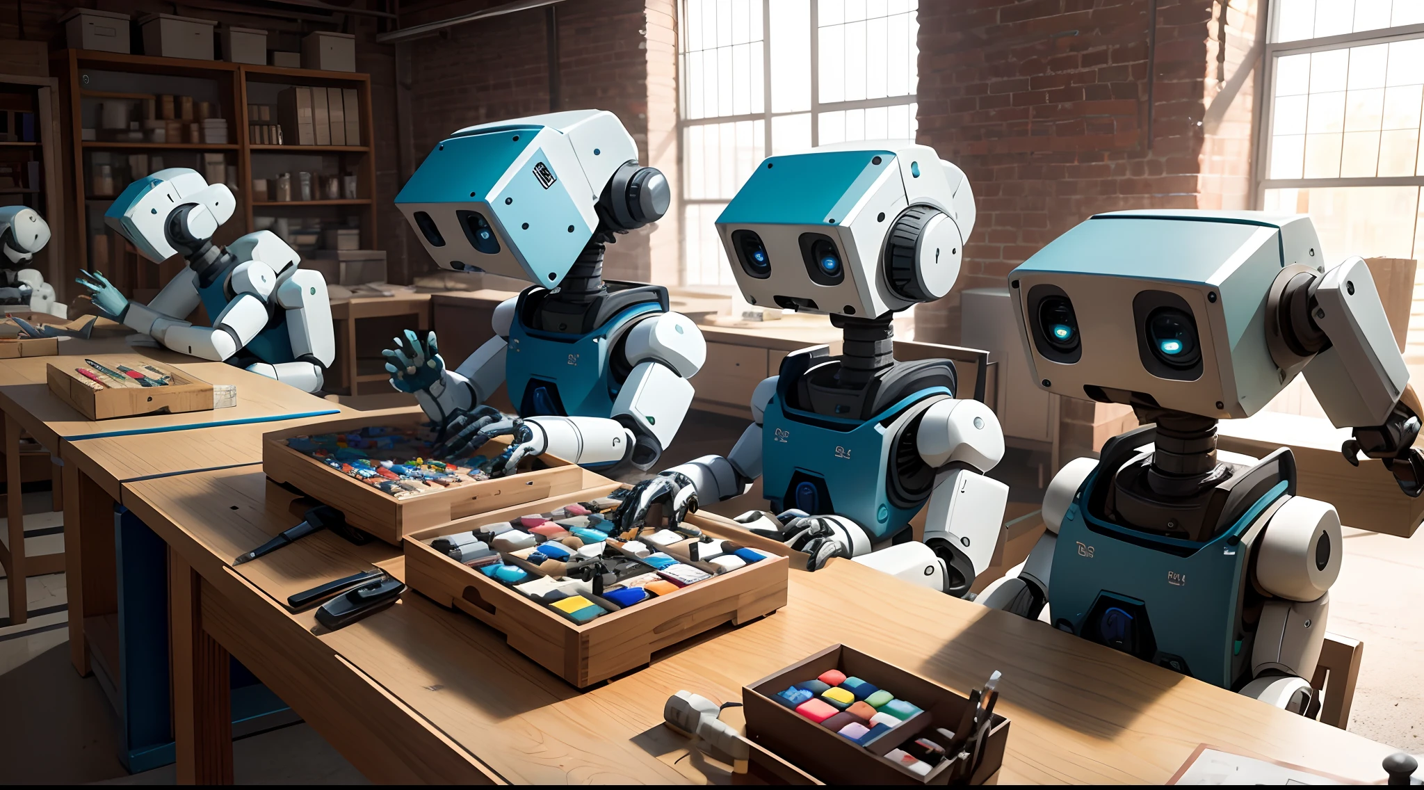 Masterpiece, Best quality, Robots working in craft workshops，The primary view is the bot