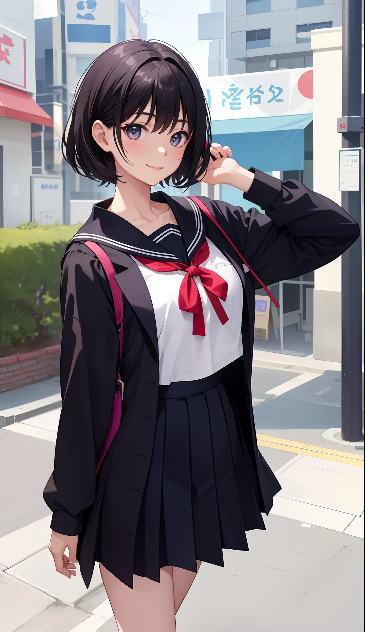 1girl in、AS-Adult、A smile、The shirt、skirt by the、(small tits)Japan High School、校服、serafuku、Walking with a thigh、Upper body portrait、