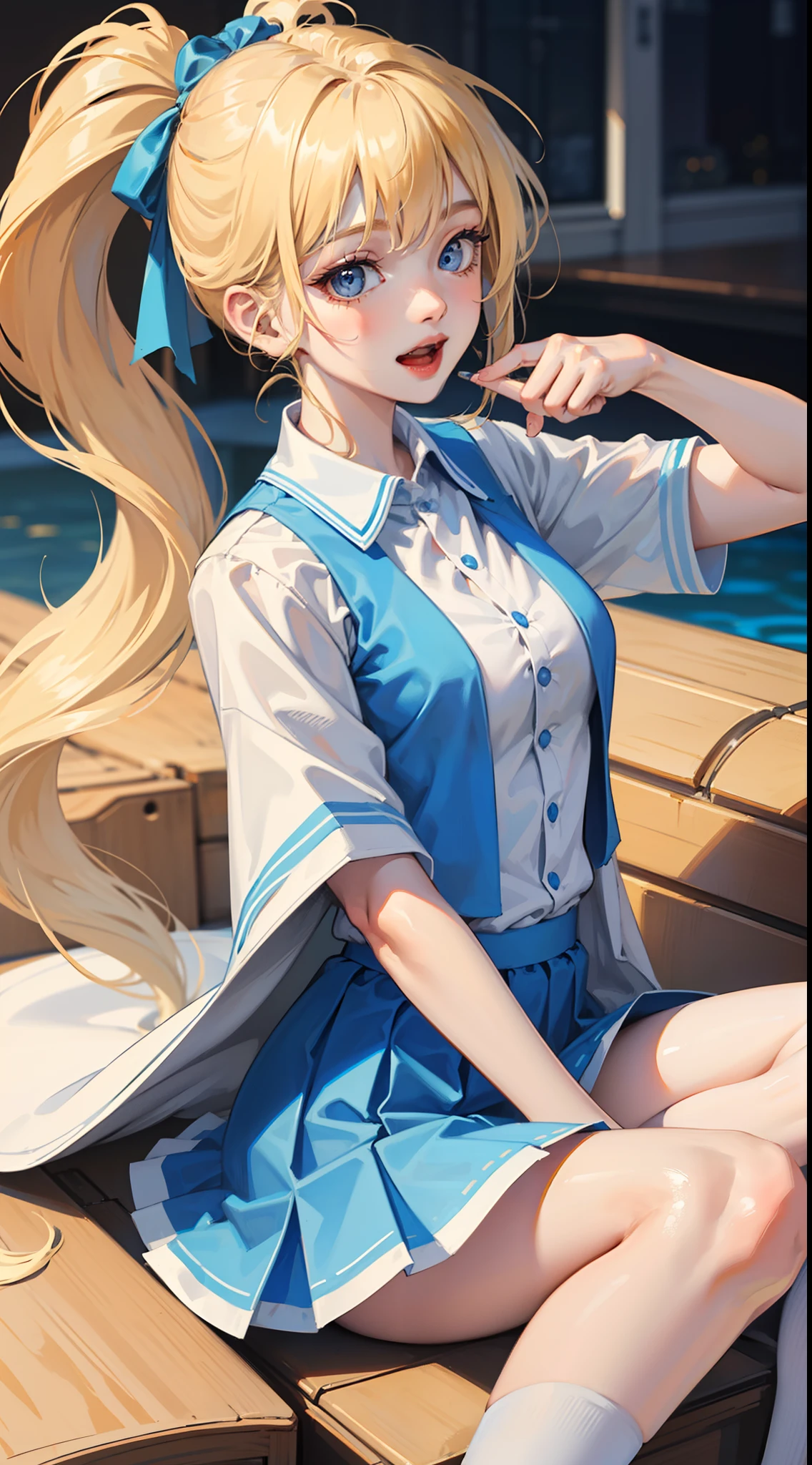 young girl, longue blonde hair, Two ponytails, blue eyes, White jacket, short sleeves, blue tight top, Blue skirt, pantyhouse, Smile, open mouth, Masterpiece, hiquality, 4k, HD, Good detail