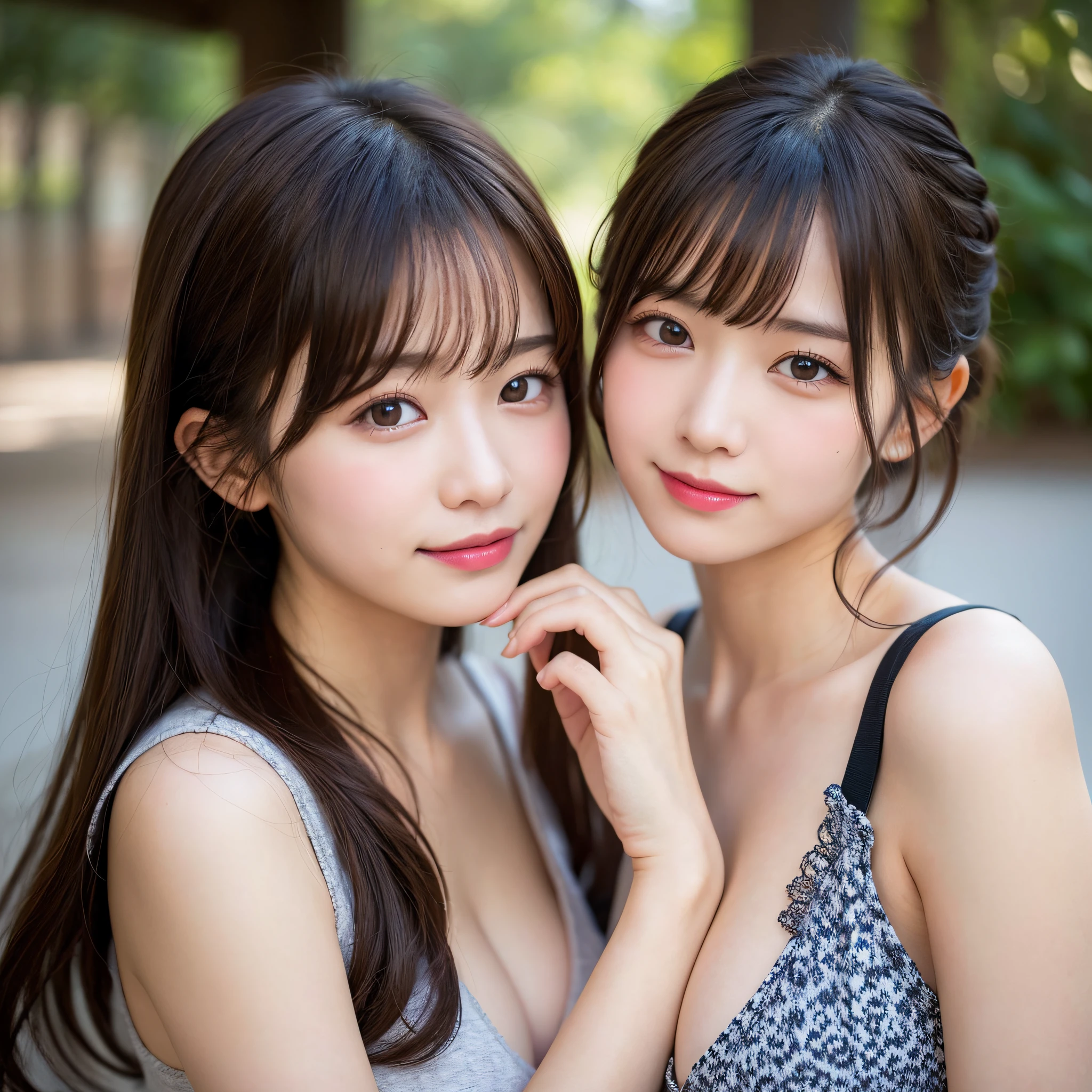 masutepiece, Best Quality,twogirls、 twin-tail hair, Ultra-detailed, finely detail, hight resolution, 8K, Perfect dynamic composition,Japan 18-year-old woman、 Beautiful detailed eyes, twin-tail hair, Medium short hair, Natural Color Lip,Colossal tits、Troubled smile、bangss、Looking here、up of face、