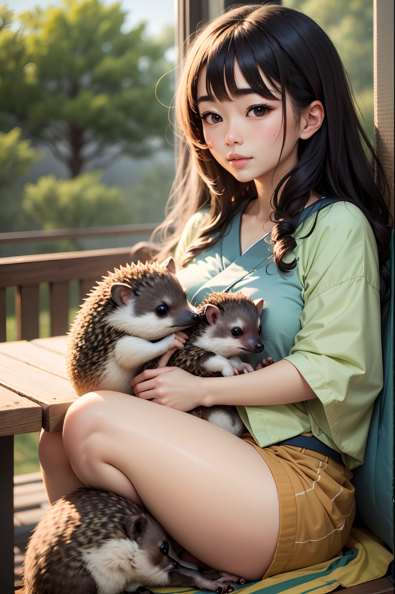 Araffe Japanese model, hyperrealistic, having ice cream next to pallas cat in a river,