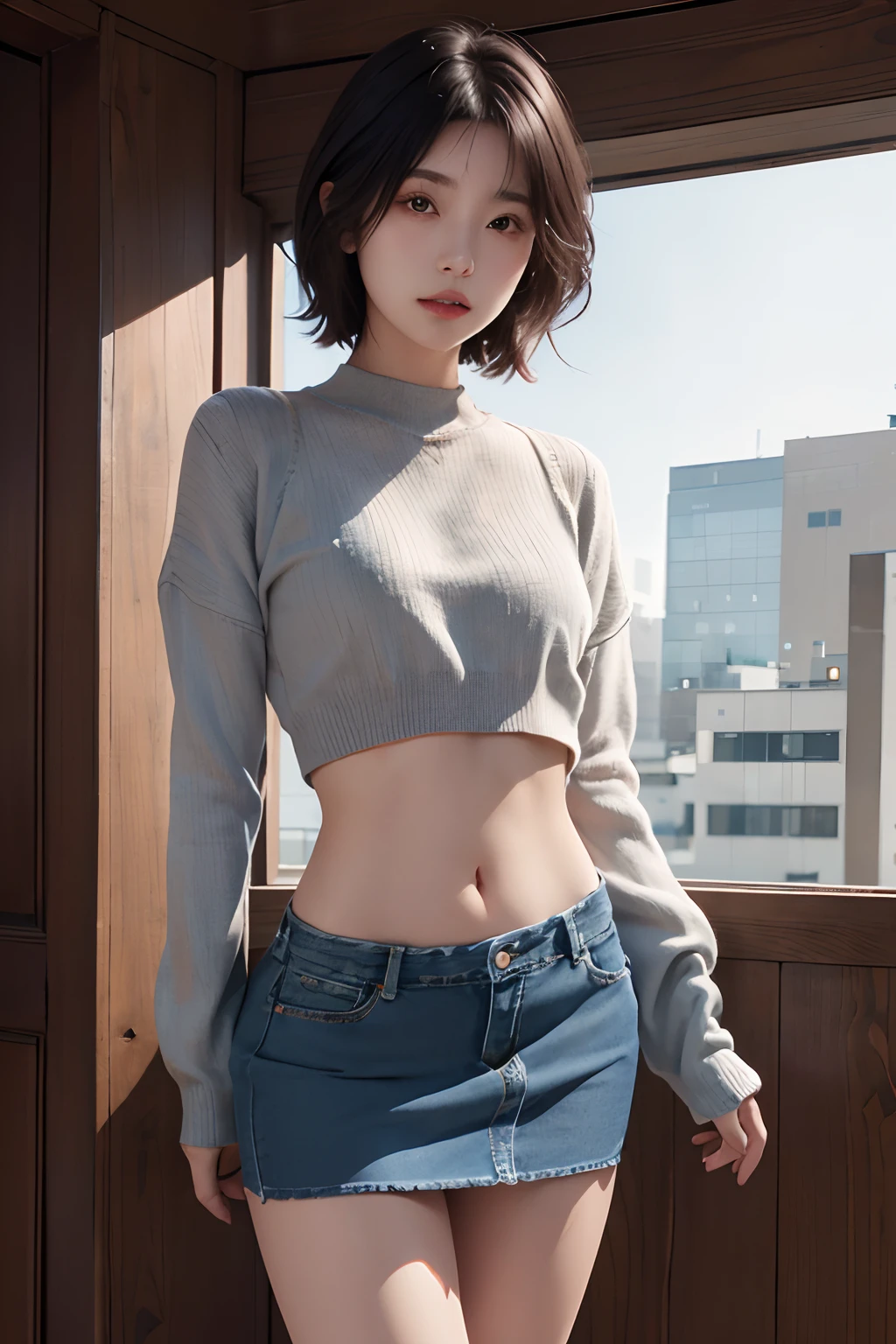 (masuter piece:1.3)、(8K、Photorealsitic、Raw photography、top-quality: 1.4)、(1girl in)、beautiful countenance、(Lifelike face)、(A dark-haired、short-hair:1.3)、Beautiful hairstyle、realisticeyes、Beautiful details、(real looking skin)、Beautiful skins、absurderes、enticing、超A high resolution、A hyper-realistic、high-detail、the golden ratio、((wide open abdomen))、((open abdomen))、((wide open navel))、((open navel))、((Mid-Riff Sweater))、((Ultra-low rise、Denim Mini Skirt))、((Navel Ejection))、((small hips))、((long limbs))、((Full body depiction))、((A slender))、((small hip))、(Ultra-low rise))、((Denim Mini Skirt))、((is standing))、
