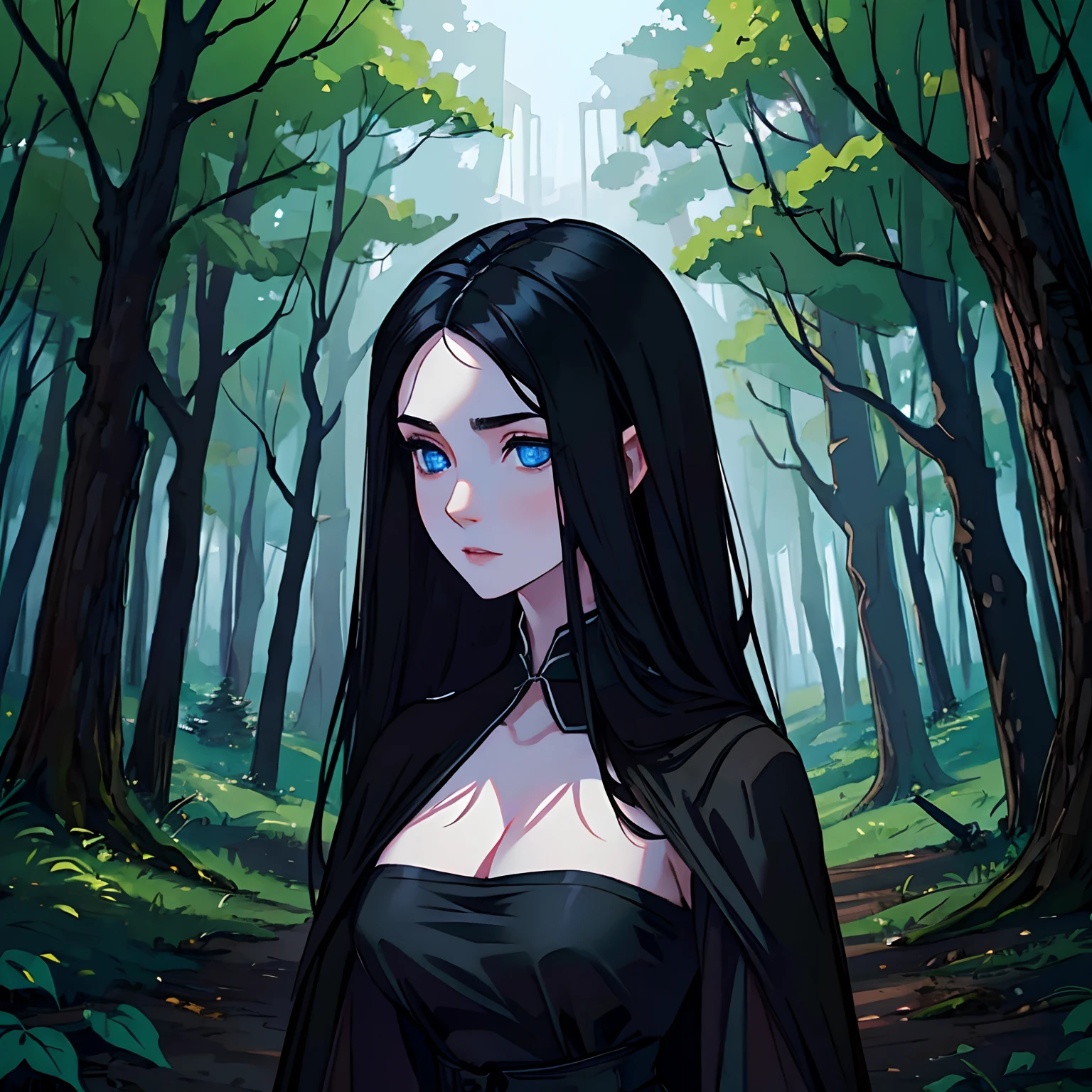 (black hair,blue eyes,medieval black dress,medieval setting,beautiful,attractive,pale and rosy skin,forest)