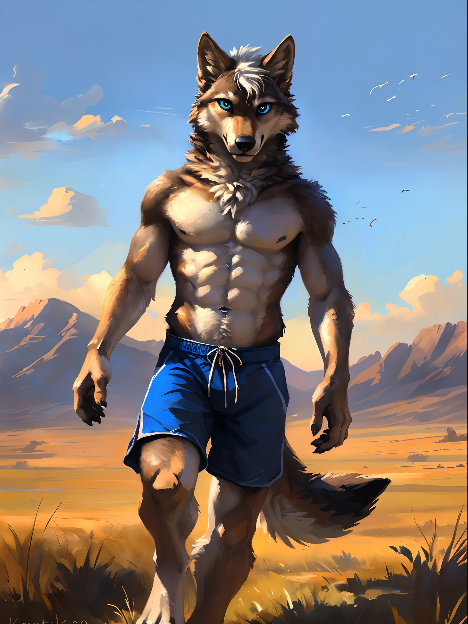 ((Solo)), male people, anthro wolf, (Multi-colored fur, White-brown:1.3), ((Wolf face, White hair, Big eyes, White eyelids, Blue pupil, Slim:1.2) (Tough, Calm expression:1.2)), Abs, Slim, pinging)), (Correct anatomy), (Work shorts:1.1), (Contour bone:1.2), The upper body is naked, (detailed outfits),A big tail,Feet,(Realistic fur, Detailed fur texture, labeled:1.3)), (Natural lighting), Photorealistic, Hyperrealistic, ultradetailed, by Kenket,Endless grasslands,No artifacts,erect through,Running on