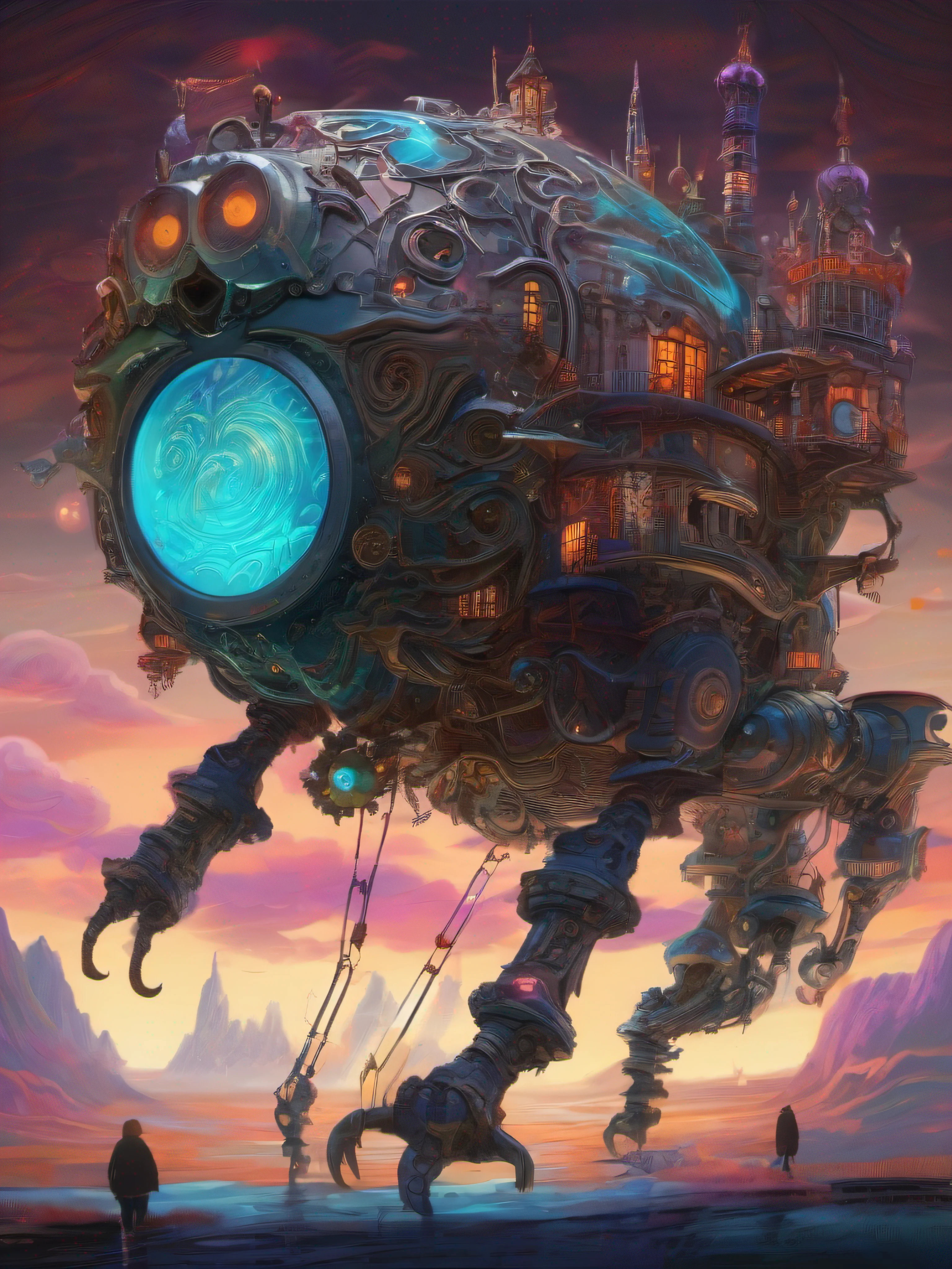 biomechanical moving castle creature, inspired by Miyazaki's "Howl's Moving Castle", with intricate clockwork mechanisms, glowing crystal structures, and floating platforms, surrounded by a vibrant, fantastical landscape.