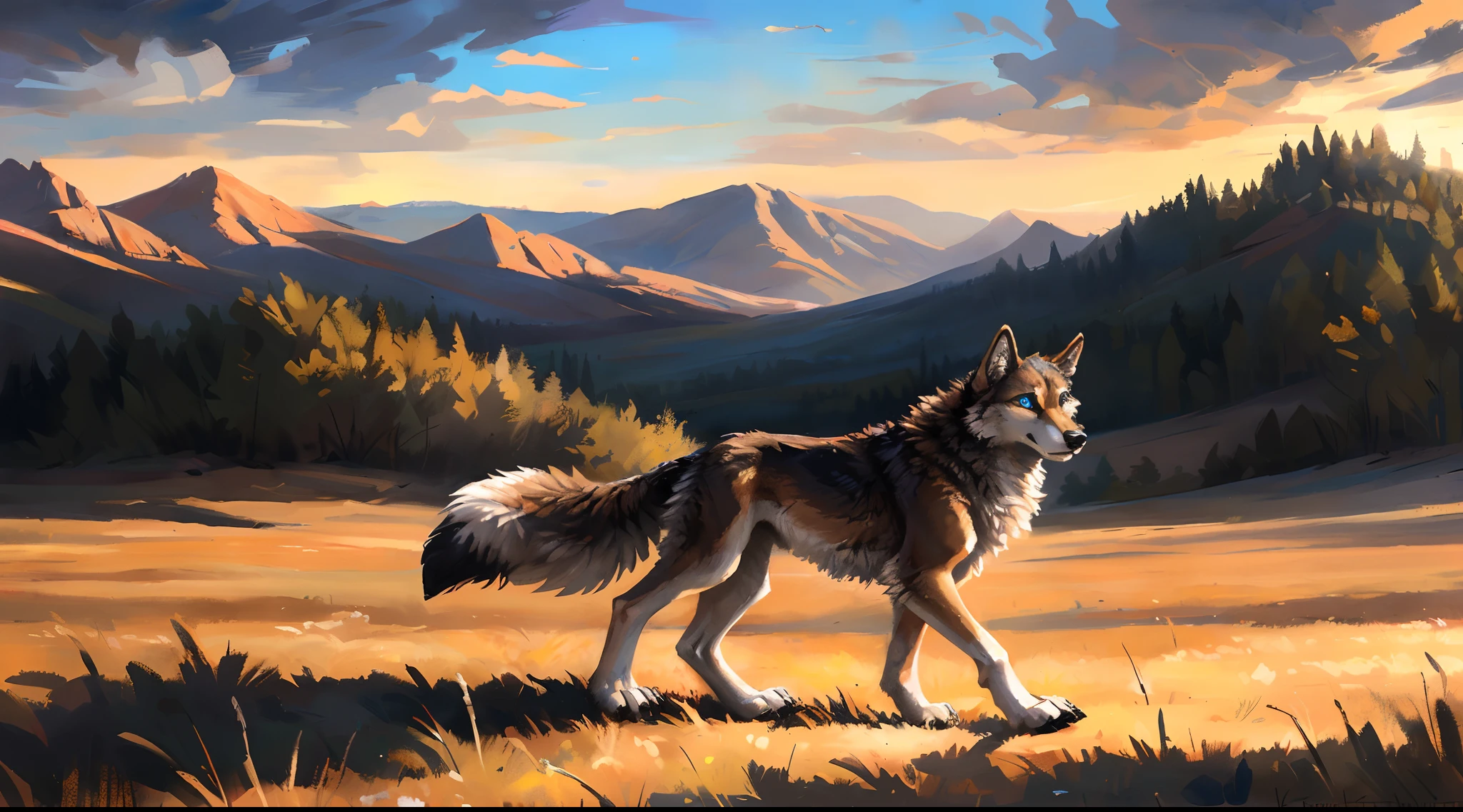 ((Solo)), male people, coyote, (Multi-colored fur, White-brown:1.3), ((Wolf face, White hair, Big eyes, White eyelids, Blue pupil, Slim:1.2) (Tough, Calm expression:1.2)), Abs, Slim, pinging)), (Correct anatomy), A big tail，Feet，longtorso，(Realistic fur, Detailed fur texture, labeled:1.3)), (Natural lighting), Photorealistic, Hyperrealistic, ultradetailed, by Kenket，Naked all over the body，Endless grasslands，Walking
