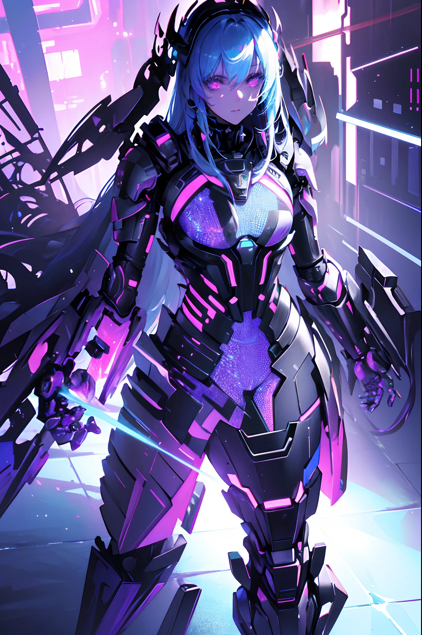 (best quality, highres:1.2), ultra-detailed, realistic, concept artist, portrait, vivid colors, studio lighting, laser lights, technology, futuristic, 3D rendering, electric glow, biomechanical, extravagant makeup, cyberpunk aesthetic, sparkling jewels, glowing tattoos, cybernetic enhancements, high-tech fashion, reflective surfaces, bionic limbs, advanced robotics, digital art, dystopian, post-apocalyptic, striking contrast, dynamic composition, immersive environment, sci-fi ambiance, colorful holograms, dark background, ethereal aura, translucent elements, neon grids, mind-blowing details, perfect symmetry, ornate accessories, glamorous diva, unconventional beauty, controlled chaos, mesmerizing gaze, alluring posture, confident presence, technological marvels, unique and enchanting.