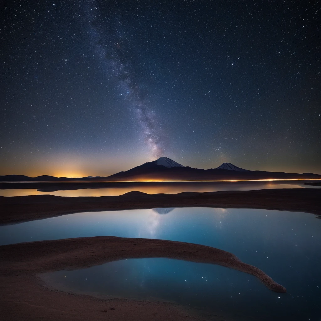 Beautiful pictures of the starry sky、magnifica、milkyway:1.25、Large body of water with clouds in the sky, At Salar de Uyuni, Amazing reflections of the sky, Incredible reflections, beautiful reflection, stunning photo, epic and stunning, Crossing the horizon