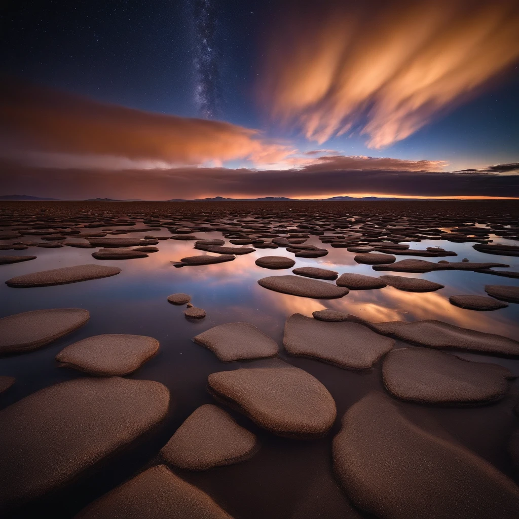 Beautiful pictures of the starry sky、magnifica、milkyway:1.25、Large body of water with clouds in the sky, At Salar de Uyuni, Amazing reflections of the sky, Incredible reflections, beautiful reflection, stunning photo, epic and stunning, Crossing the horizon