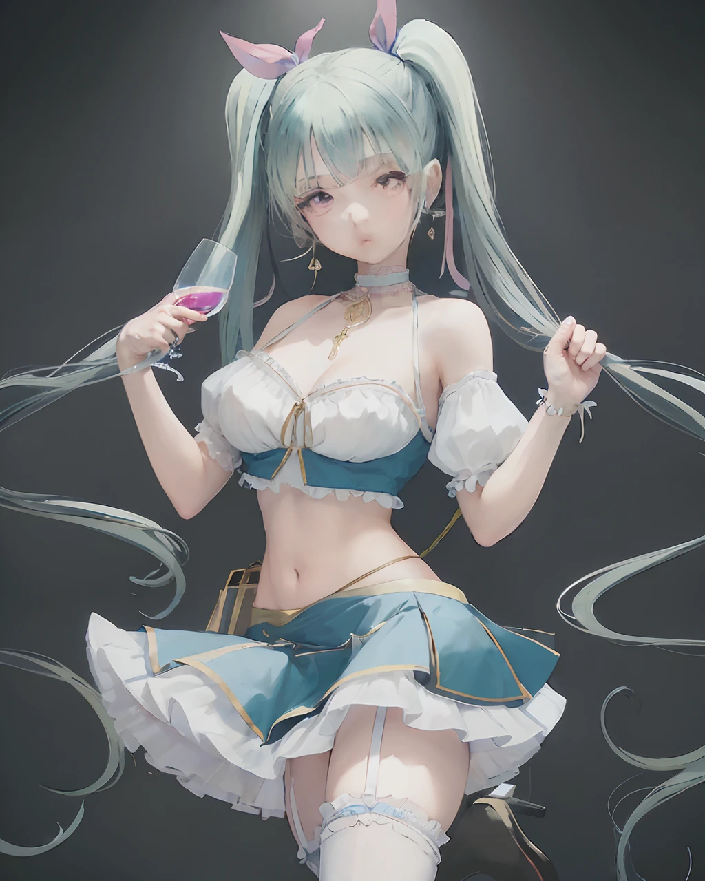 A beautiful girl blue colored twin ponytails on each side of head, ribbons around her legs and a green chocker around her neck with a gold pendant with red gems, wearing white halter top with pink skirt with black straps with pouch white bubble skirt, a pink detached lace sleeves with strap woven around her hands, has a glass pendants woven around her elbows, white short stocking inside black short heeled stilettos