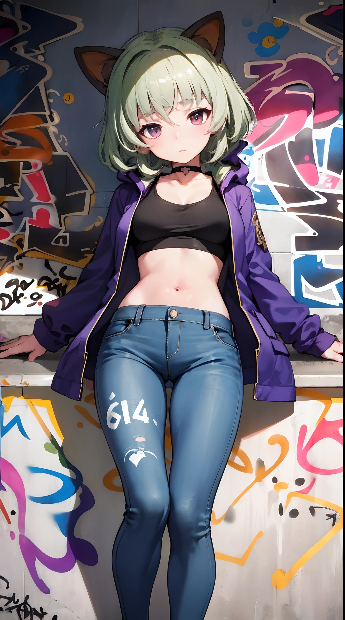 coat|genshin impact, master-piece, bestquality, 1girls,25 years old, proportional body, elongated legs, Beautiful, proportional., crop top, Long Jeans, mediuml breasts, ,bara, crop top, choker, (Graffiti:1.5), Splash with purple lightning pattern., arm behind back, against wall, View viewers from the front., Thigh strap, Head tilt, bored,(NSTDA.:1.2), (10, beste-Qualit, master-piece: 1.4), Beautiful red hair, ultra-high resolution, (lifelike, photorealistic portrait: 1.48), 20 age, Cute Girl, (Looking Through Crop Tops.), Famous Japanese actors, beautiful clear eyes, Head tilt, cowboy shot, from the front, looking at the audience, expressionless, Beautiful lake, Zeiss 150mm F/ 2.8 Hasselblad, Whole body, foot, Ultra-Wide Angle,