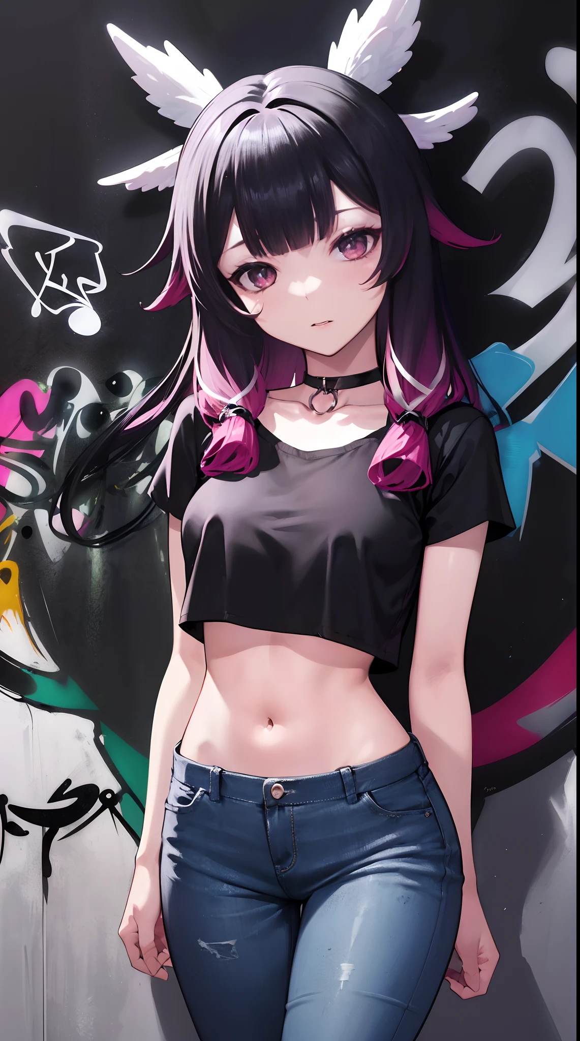 Columbina | Genshin Impact, master-piece, bestquality, 1girls,25 years old, proportional body, elongated legs, Beautiful, proportional., crop top, Long Jeans, mediuml breasts, ,bara, crop top, choker, (Graffiti:1.5), Splash with purple lightning pattern., arm behind back, against wall, View viewers from the front., Thigh strap, Head tilt, bored,(NSTDA.:1.2), (10, beste-Qualit, master-piece: 1.4), Beautiful red hair, ultra-high resolution, (lifelike, photorealistic portrait: 1.48), 20 age, Cute Girl, (Looking Through Crop Tops.), Famous Japanese actors, beautiful clear eyes, Head tilt, cowboy shot, from the front, looking at the audience, expressionless, Beautiful lake, Zeiss 150mm F/ 2.8 Hasselblad,  Whole body, foot, Ultra-Wide Angle,