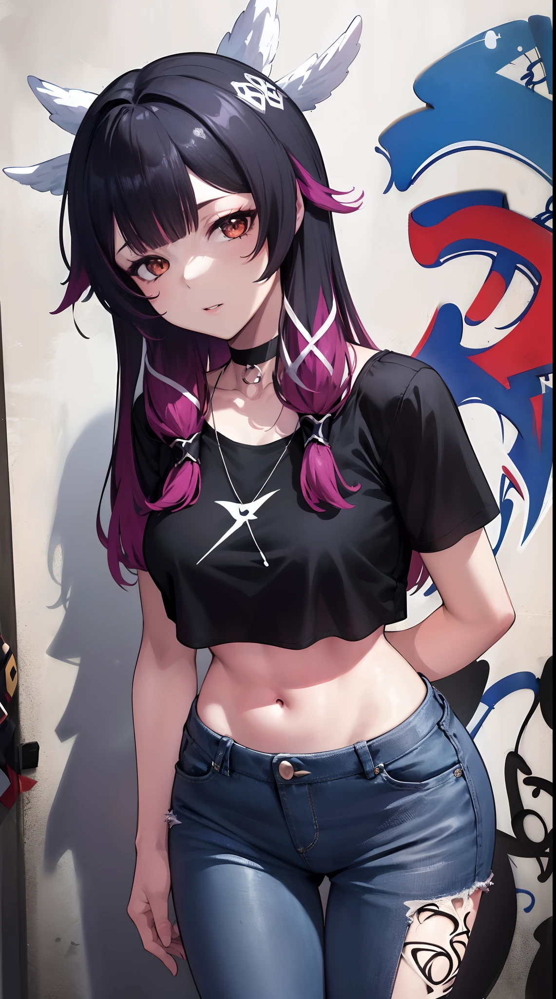 Columbina | Genshin Impact, master-piece, bestquality, 1girls,25 years old, proportional body, elongated legs, Beautiful, proportional., crop top, Long Jeans, mediuml breasts, ,bara, crop top, choker, (Graffiti:1.5), Splash with purple lightning pattern., arm behind back, against wall, View viewers from the front., Thigh strap, Head tilt, bored,(NSTDA.:1.2), (10, beste-Qualit, master-piece: 1.4), Beautiful red hair, ultra-high resolution, (lifelike, photorealistic portrait: 1.48), 20 age, Cute Girl, (Looking Through Crop Tops.), Famous Japanese actors, beautiful clear eyes, Head tilt, cowboy shot, from the front, looking at the audience, expressionless, Beautiful lake, Zeiss 150mm F/ 2.8 Hasselblad,  Whole body, foot, Ultra-Wide Angle,