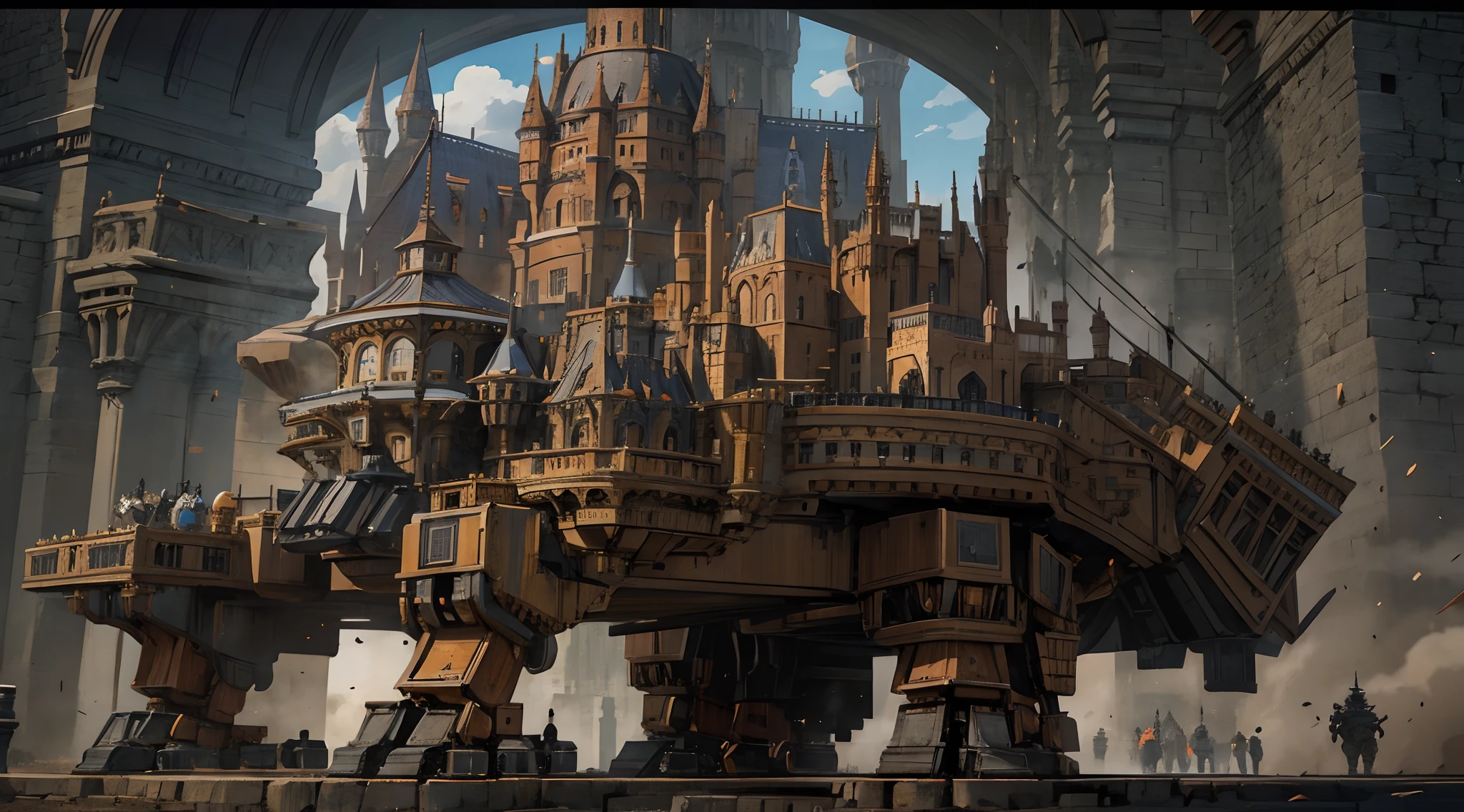 A colossal moving mech castle, an engineering marvel that traverses the land with a commanding presence. Its towering walls are fortified with intricate designs, adorned with menacing turrets and battlements. The castle strides forward on massive legs, carrying an air of both regality and indomitable strength. Best quality, intricate details, clean lines, eye-catching composition, soft tones, anime realism, perfect illustration, ultra high definition, 8k