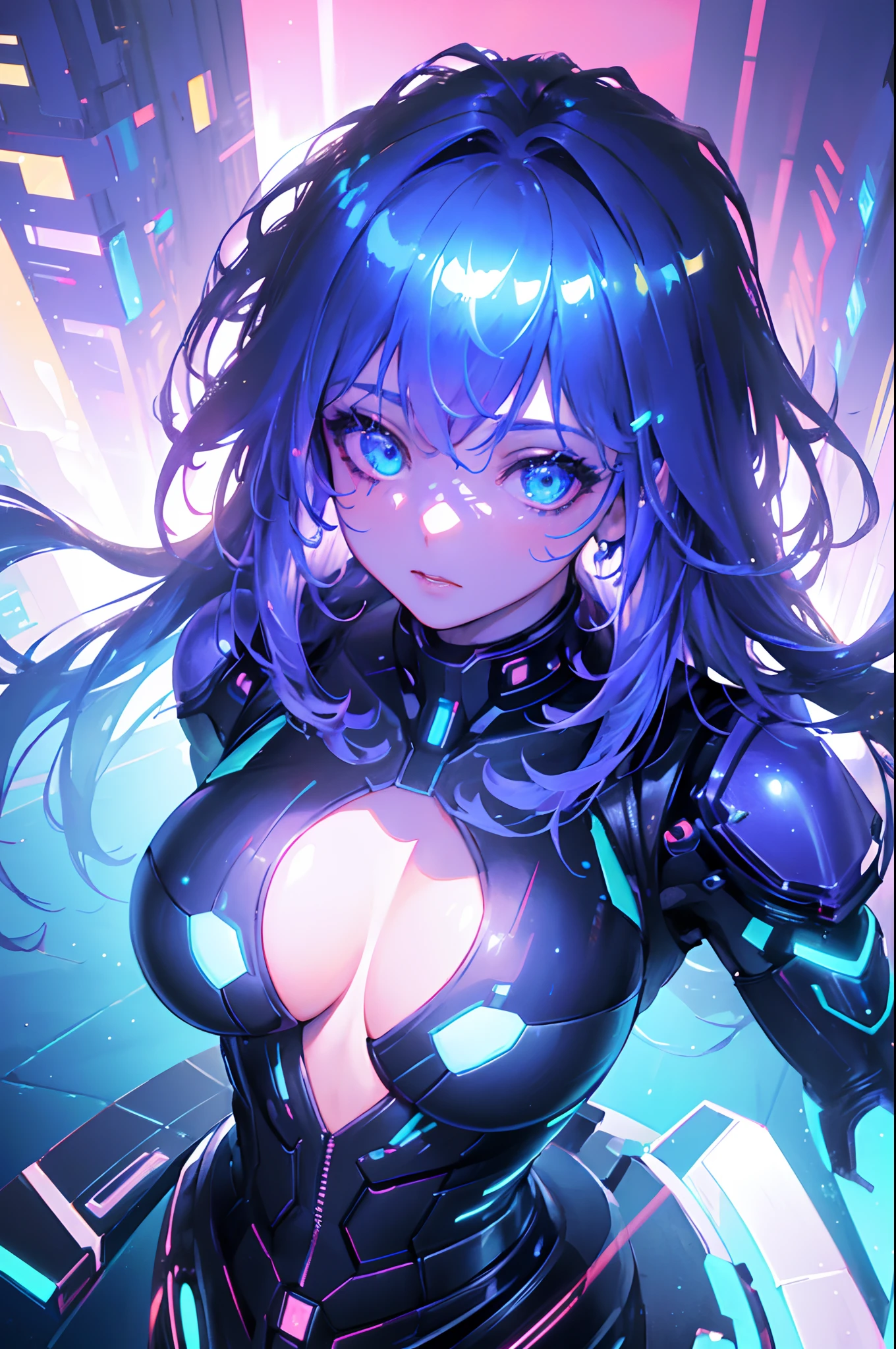 (Best quality,highres:1.2), ultra-detailed, (realistic:1.3), cyberpunk, futuristic, portrait, shiny revealing latex outfit, cyber implants, virtual reality, glowing makeup, metallic body parts, body modification, techno atmosphere, cityscape background, hovering robotic arms, advanced technology, electric blue color palette, surreal lighting.