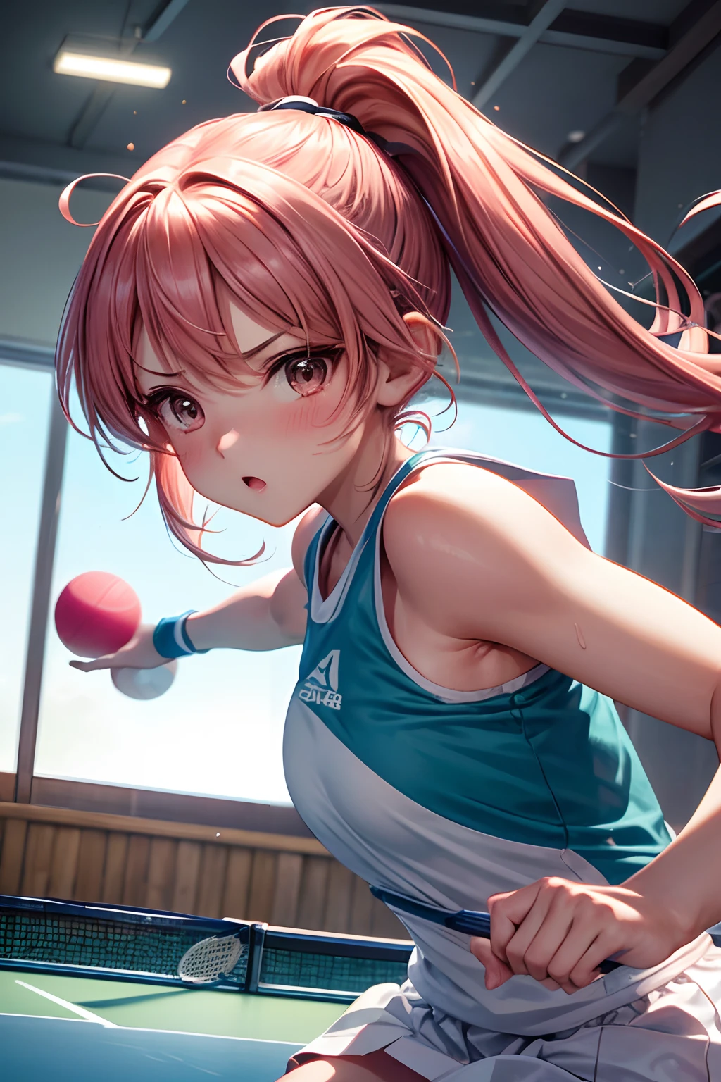 Floating hair, Light blush, During the match, table tennis, Sweat, half updo, Indoors, crescent, folded ponytail, Hitting the ball, Grab the racket and hit the ball back., tennis, Outdoors, low twintails, Project a wide area, Anime, Anime style, 4K, Textured skin, Super Detail, Best Quality, awardwinning