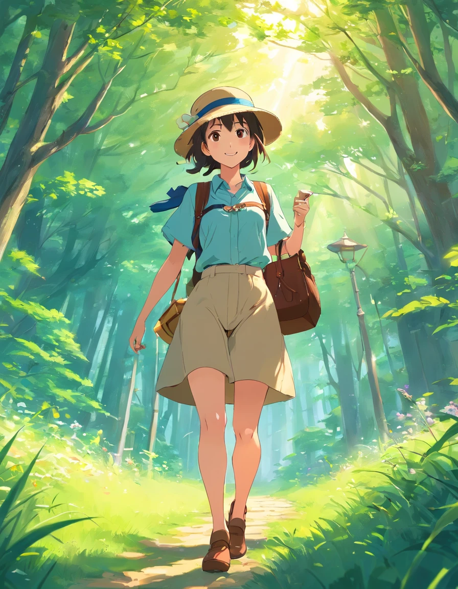 A girl，With a hat on，Treasure map in hand，Carrying an adventure bag，Walk on the grass，With a smile