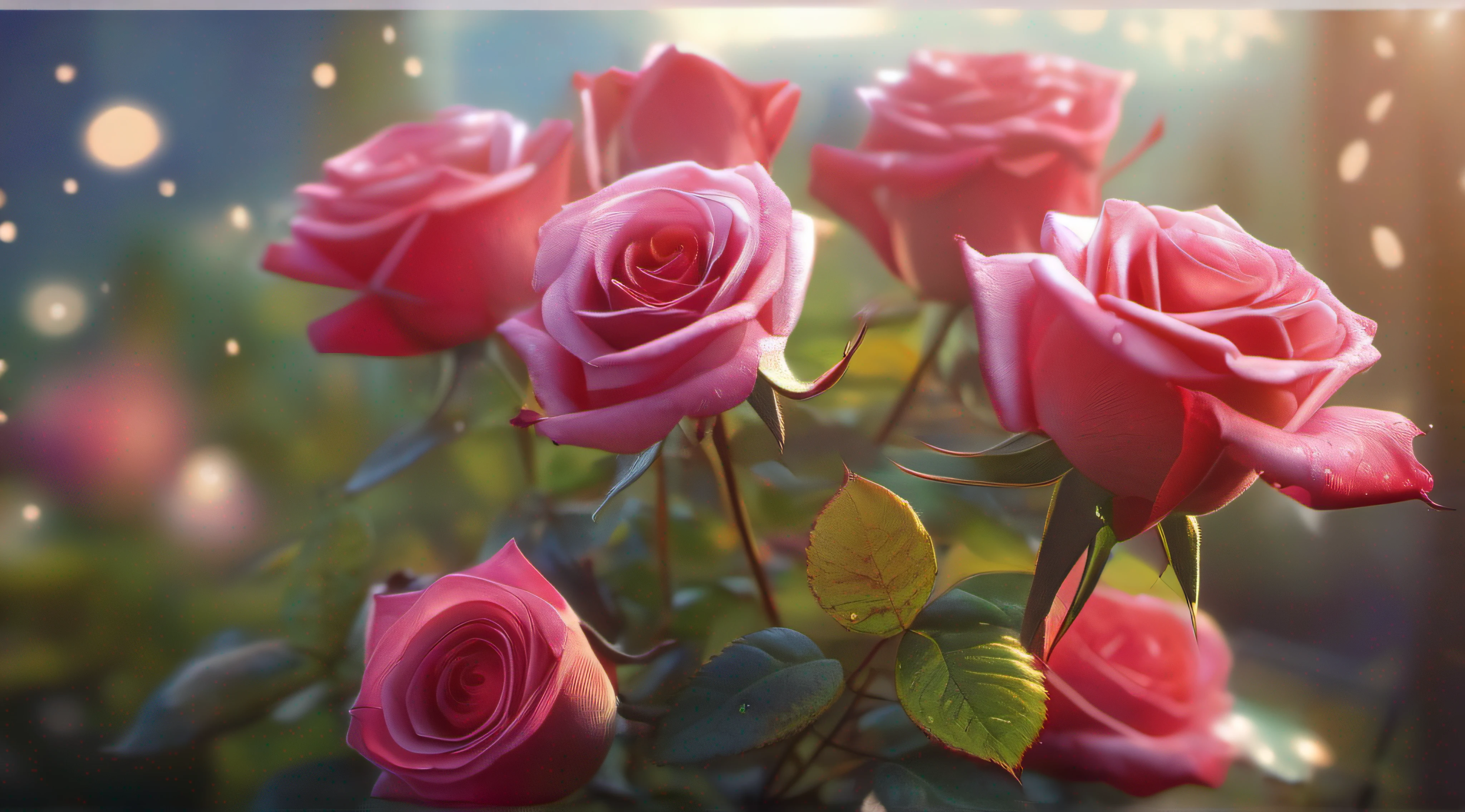 Many rose flowers in the garden and sunlight with bokeh, dew drops on flower petals (masterpiece, ultra quality, high resolution, 8k, intricate: 1.2), (masterpiece), (best quality:1)