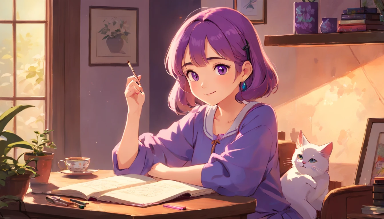 (best quality,4k,8k,highres,masterpiece:1.2),ultra-detailed,(realistic,photorealistic,photo-realistic:1.37),beautiful girl studying in her bedroom,portrait,headphones,lofi, purple lightings, cats beside her, illustration,popping colors,soft lighting,vibrant atmosphere,luscious locks,unique facial features,delicate skin,expressive eyes,rosy cheeks,lovely smile,relaxing vibes,cozy setting,artistic background,stylish outfit,casually posed,subtle shadows,retro aesthetic,retro vibes,music lover,deep in thought,peaceful ambiance,dreamy atmosphere,intense gaze,detailed textures,faded vintage look,serene expression,graceful posture,captivating aura,ethereal beauty,creative energy,elegant charm,artistic creativity,soft focus effect,feminine grace,purple color scheme,artistic flair,thoughtful gaze,gentle appearance,masterful brushstrokes,lively personality,calm and composed,vintage-inspired artwork,vibrant music,soothing melodies,passionate soul,positive vibes,lively imagination,imaginative artwork,fashionable style,playful elements,inspirational music,inspiring aura,serenity and peace,paintbrush strokes,romantic vibes.