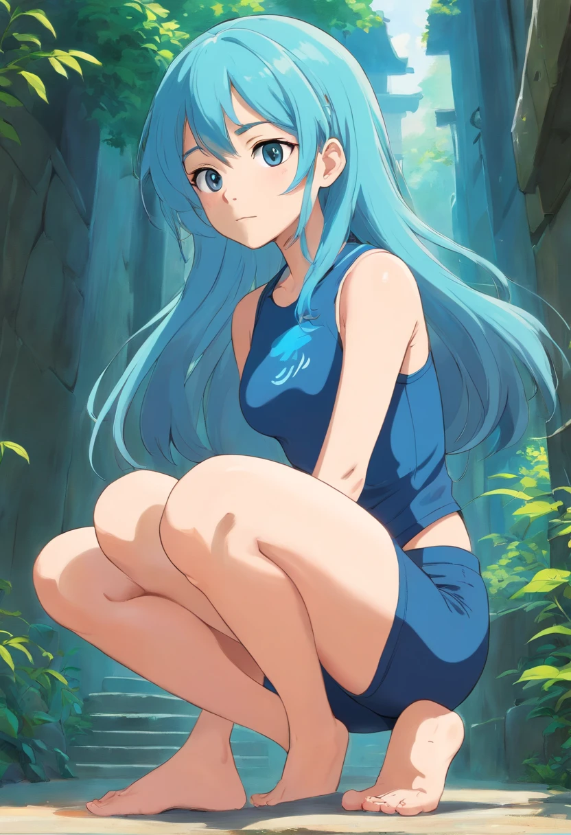 ,A beautiful young athletic barefoot woman, mit blauen Haaren zu einem Dutt, Tragen Sie enge schwarze, futuristische Kleidung, consisting of a sleeveless sports bra and leggings, blauer Nagellack , Squatting barefoot animation stills, masami teraoka, aquamarine, paul gauguin, Embry style, honest portrayal