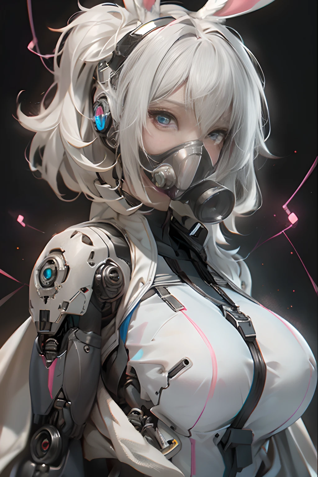 ((beste-Qualit)),Fille cyborg dans le style cyborg,cheveux gris,Coiffure longue queue de cheval,Wear headphones in the shape of rabbit ears and a gas mask,The gas mask has a green light on the surface,dressed in a white suit,There are long strips of pink light on clothes,yeux roses,(Gant noir)gros seins, generous breast, The left hand is a mechanical prosthesis,The main body is connected by wires and pipes, ((tmasterpiece)), (The detail:1.4), 3d, A beautiful cyberpunk female image,Hdr(HighDynamicRange),Ray Tracing,NVIDIA RTX,Super-Resolution,Unreal 5,Diffusion souterraine、PBR Texture、Post-traitement、Anisotropy filtering、profondeur de champs、Maximum definition and sharpness、Textures multicanaux、Albedo e mapas Speculares、Coloration de surface、precise simulation of light-material interactions、Proportions parfaites、Rendu octane、two-color light、Grande ouverture、ISO faible、Balance des blancs、the rule of thirds、8K RAW、