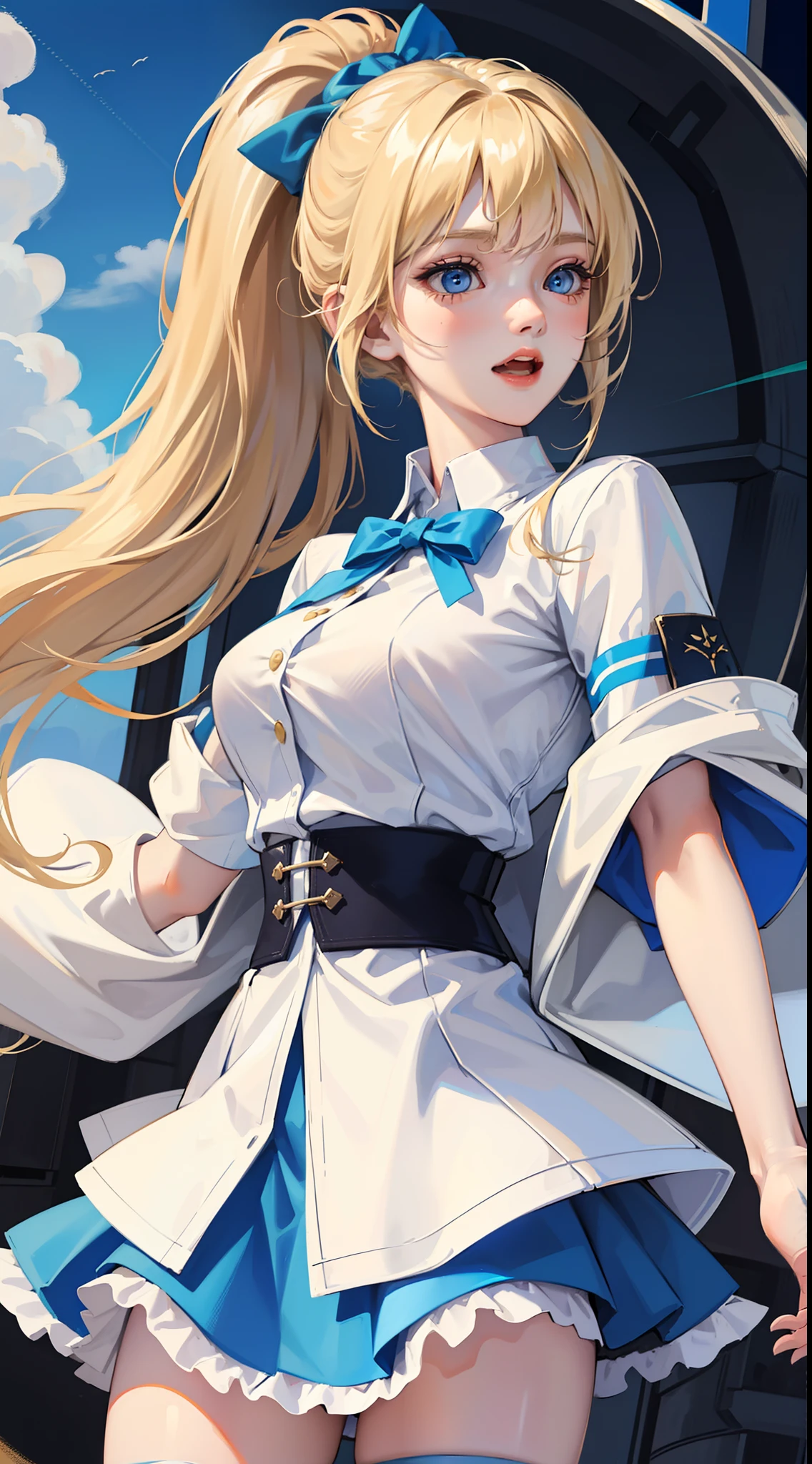 young girl, longue blonde hair, Two ponytails, blue eyes, White jacket, short sleeves, blue tight top, Blue skirt, pantyhouse, Smile, open mouth, Masterpiece, hiquality, 4k, HD, Good detail