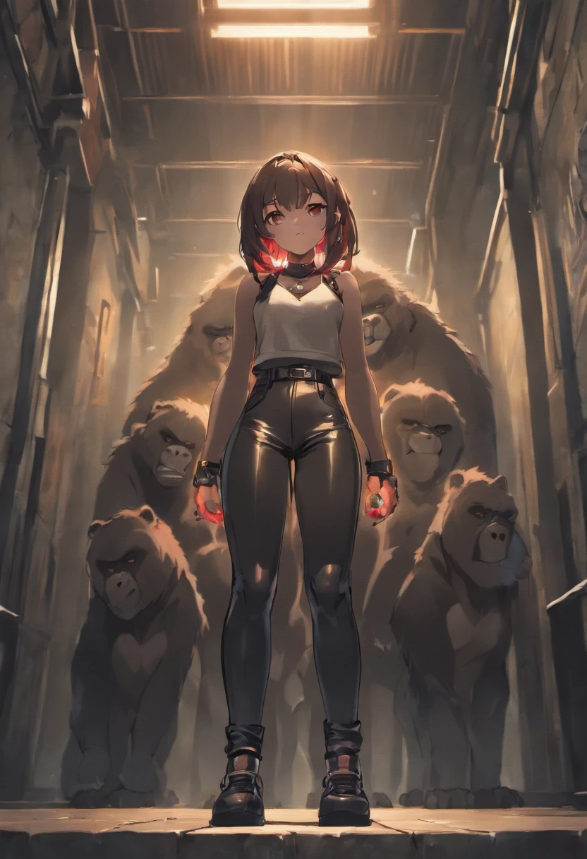Gorilla Girl、Bright lighting、Beautiful illustration、
(8K, Raw photography, top-quality, masterpiece:1.2), (realisitic, Photorealsitic:1.37), ultra-detailliert, 1 rapariga, 独奏, cute little, Beautiful fece、(((Tank Tops)))、(((Long leather pants)))